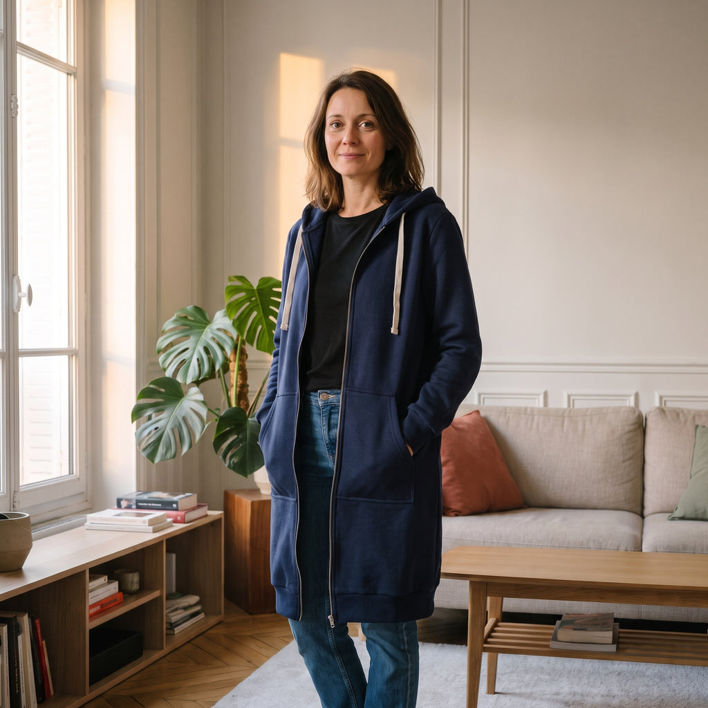 Femme en veste à capuche longue bleu marine dans un salon parisien