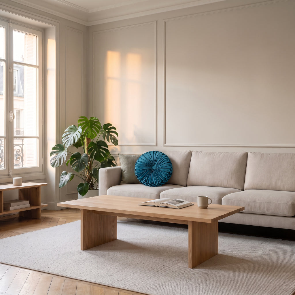 Coussin rond plissé en velours bleu, posé dans un fauteuil de lecture