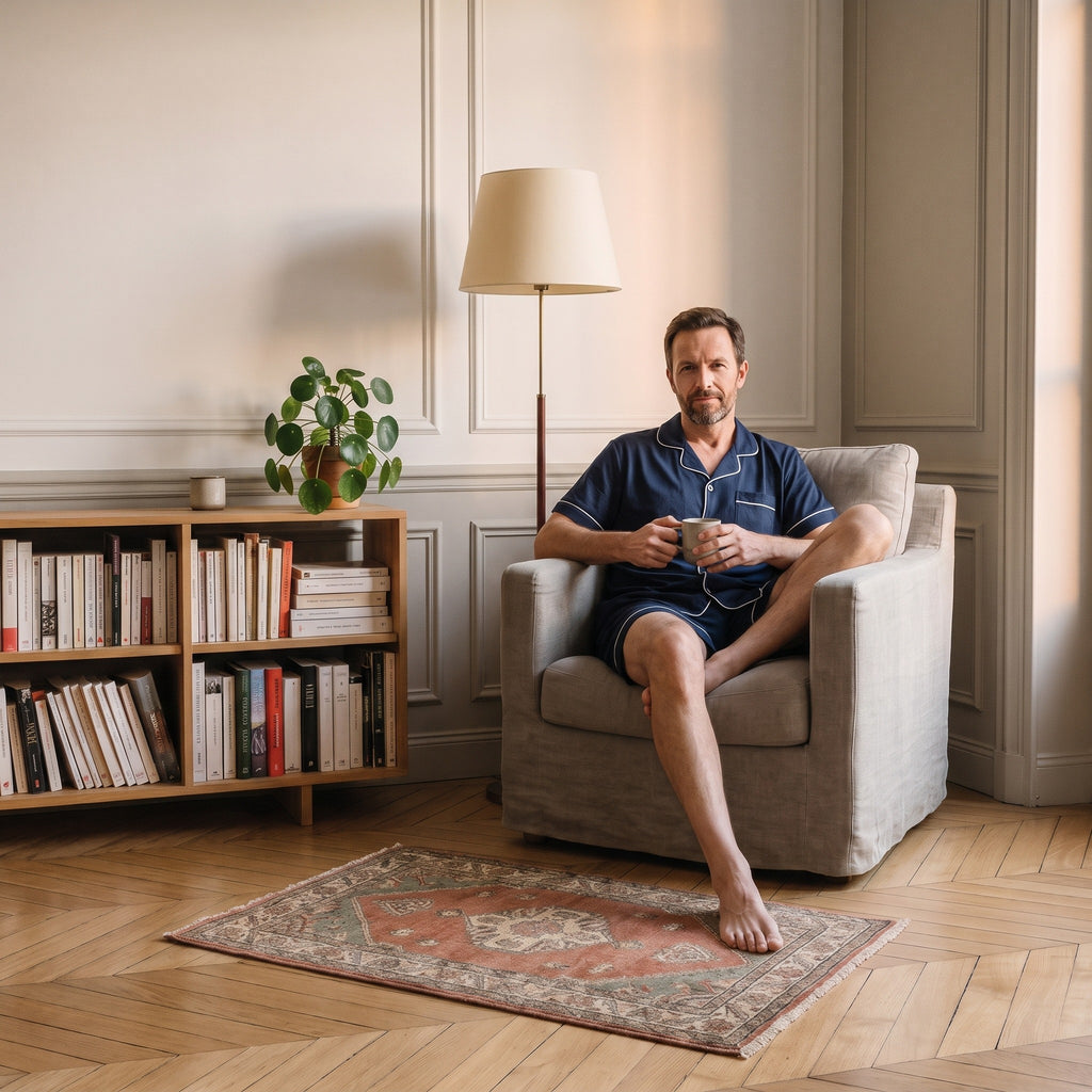 Homme en pyjama d'été en coton bleu marine assis avec une tasse dans le fauteuil de lecture