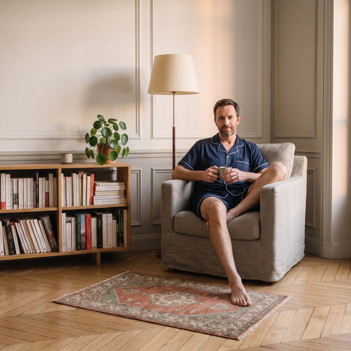 Homme en pyjama d'été en coton bleu marine assis avec une tasse dans le fauteuil de lecture