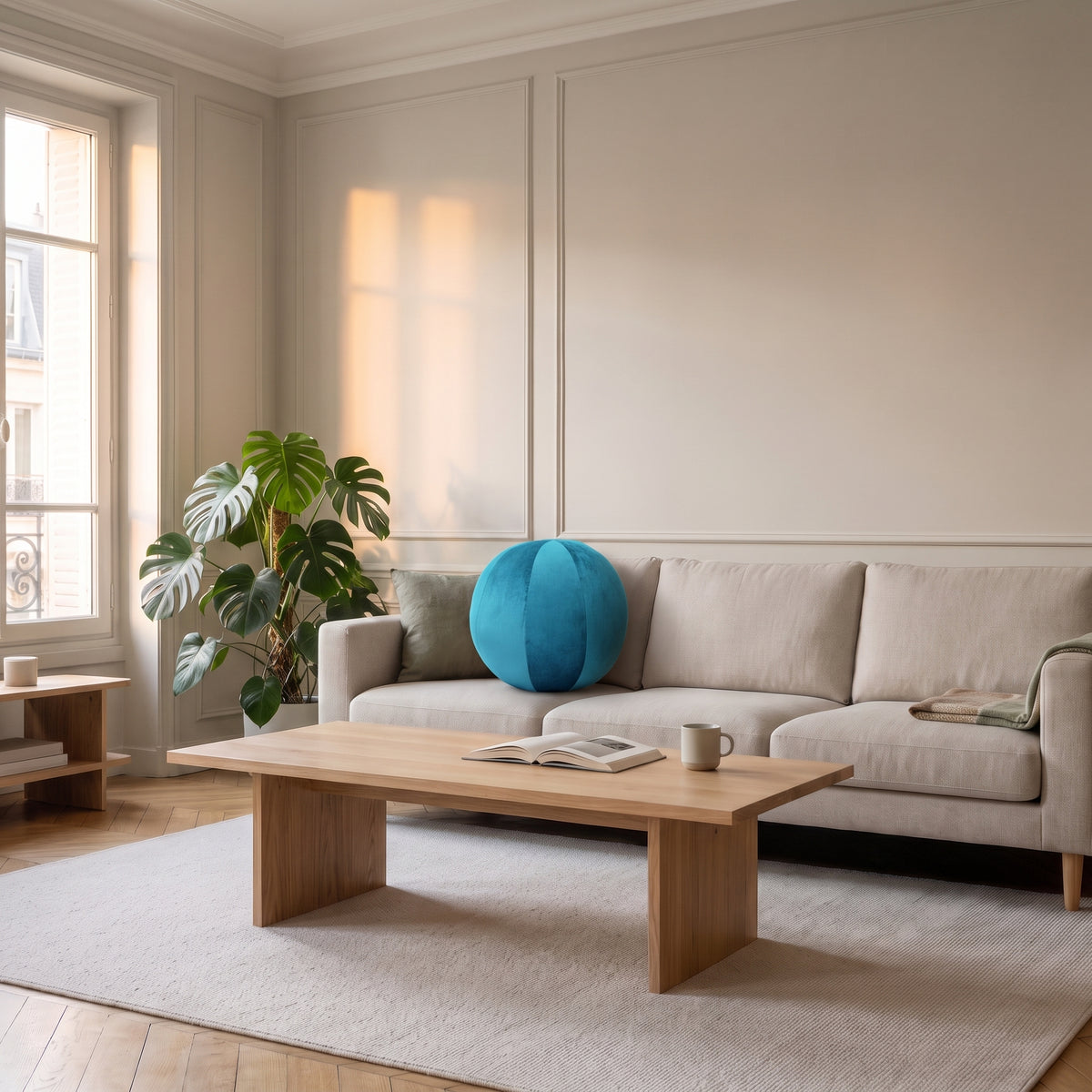 Coussin rond nordique en velours bleu, posé sur un canapé clair