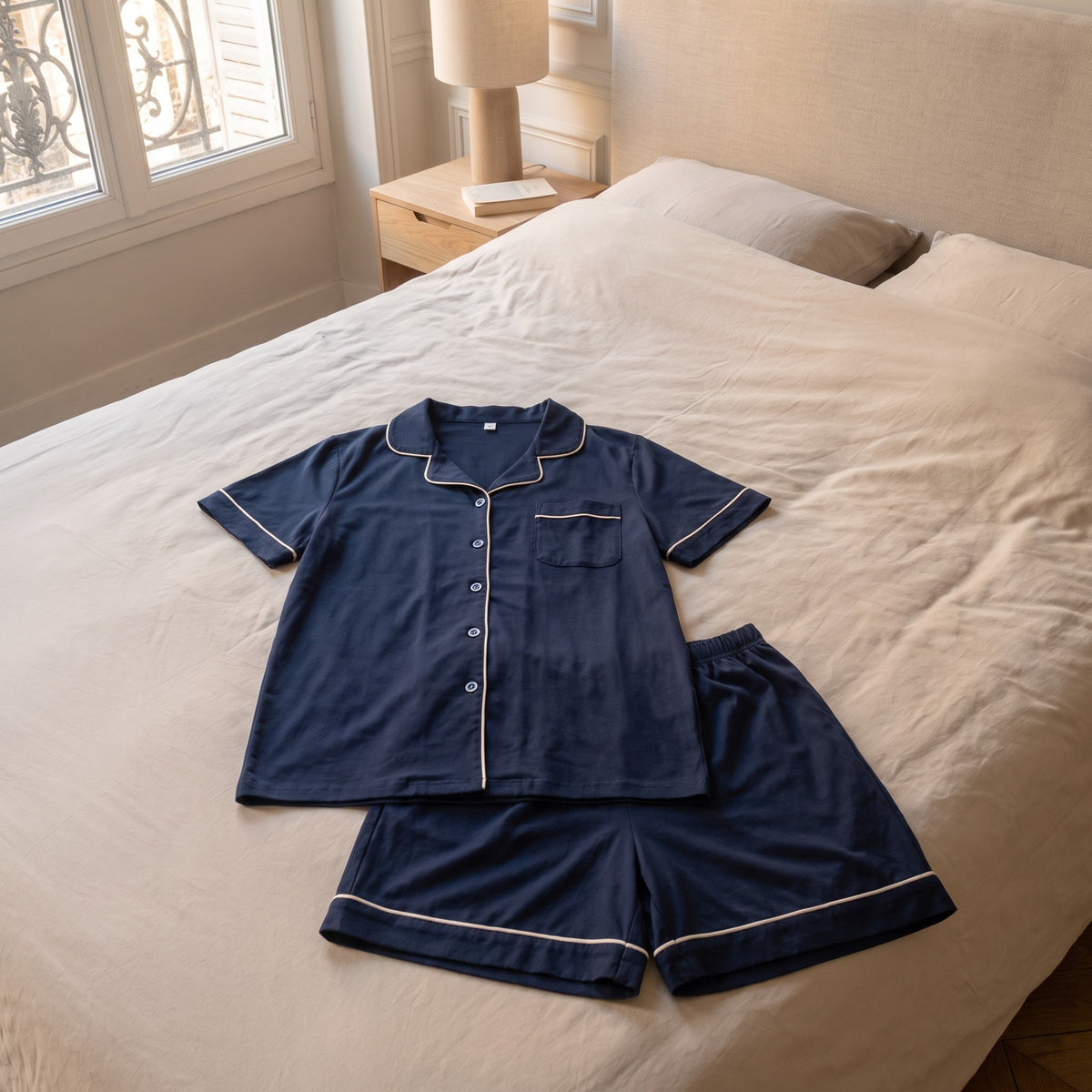 Pyjama d'été en coton bleu marine posé à plat sur le lit, chemise et short