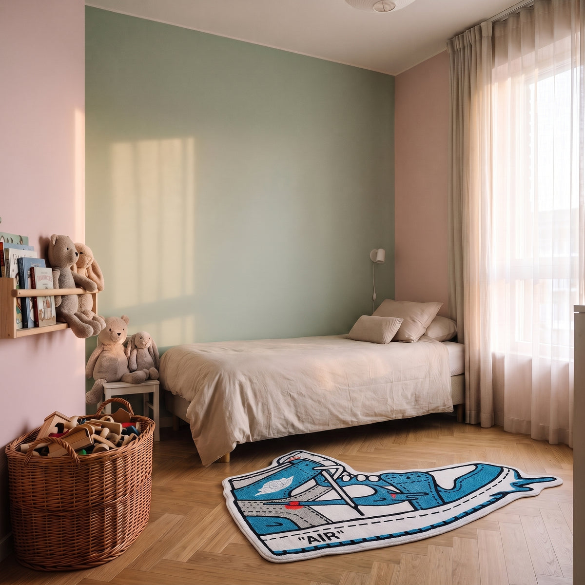 Tapis enfant basket montante bleue posé au sol de la chambre
