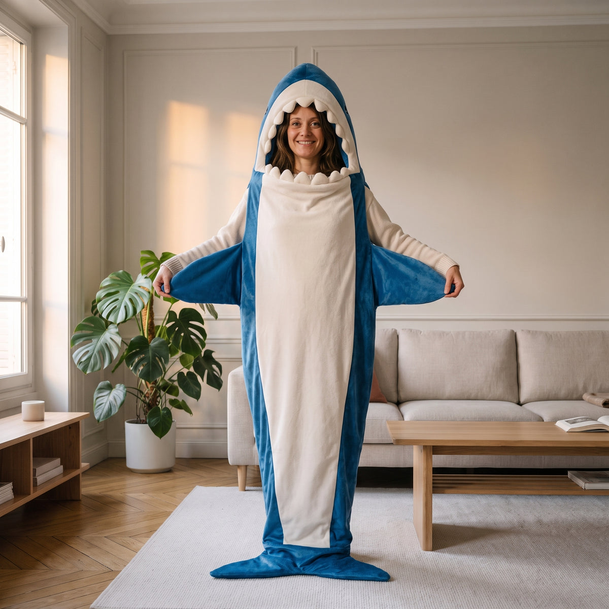 Femme debout portant le plaid requin bleu roi, capuche relevée, les bras hors du sac, dans un salon