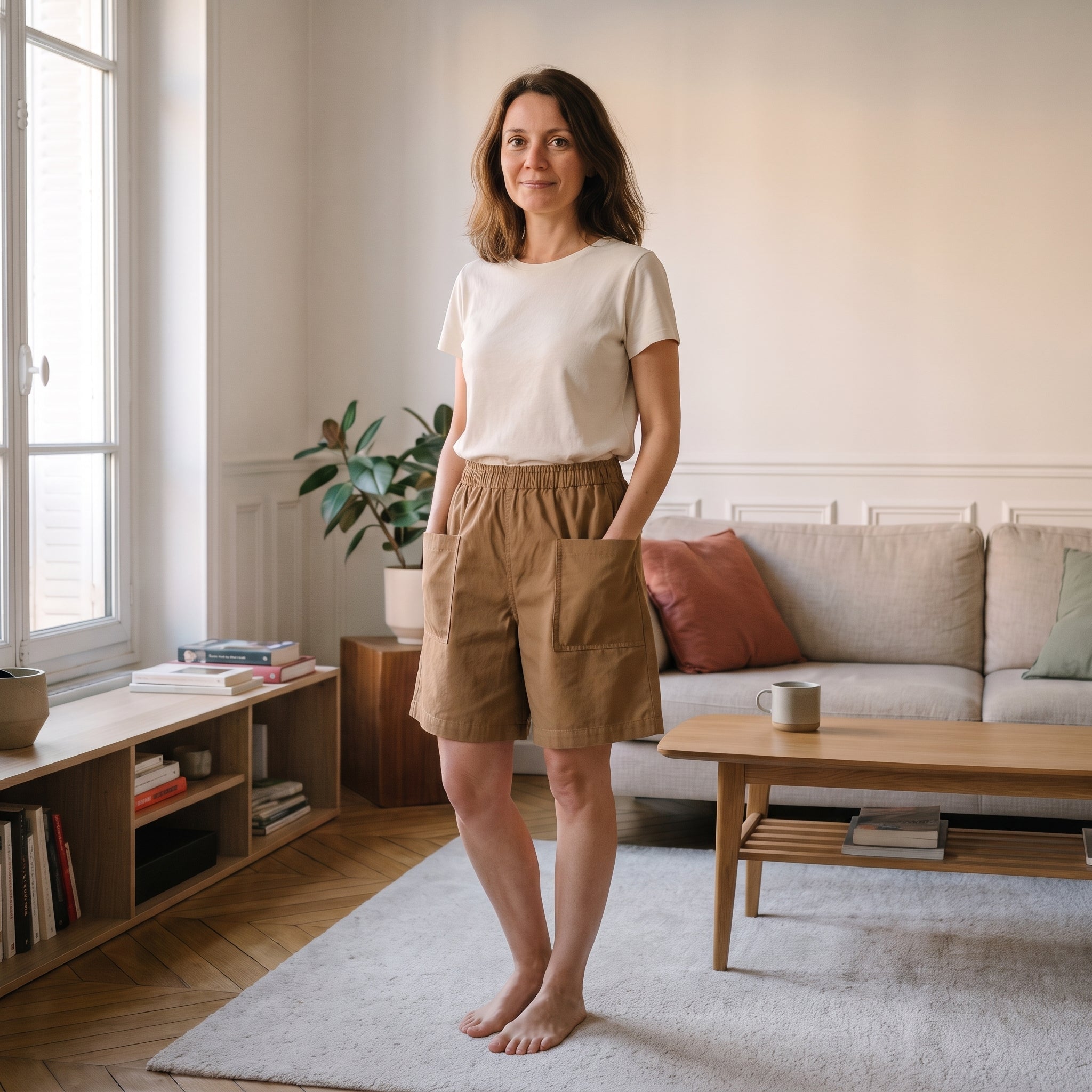 Short femme ample beige porté en pied Image