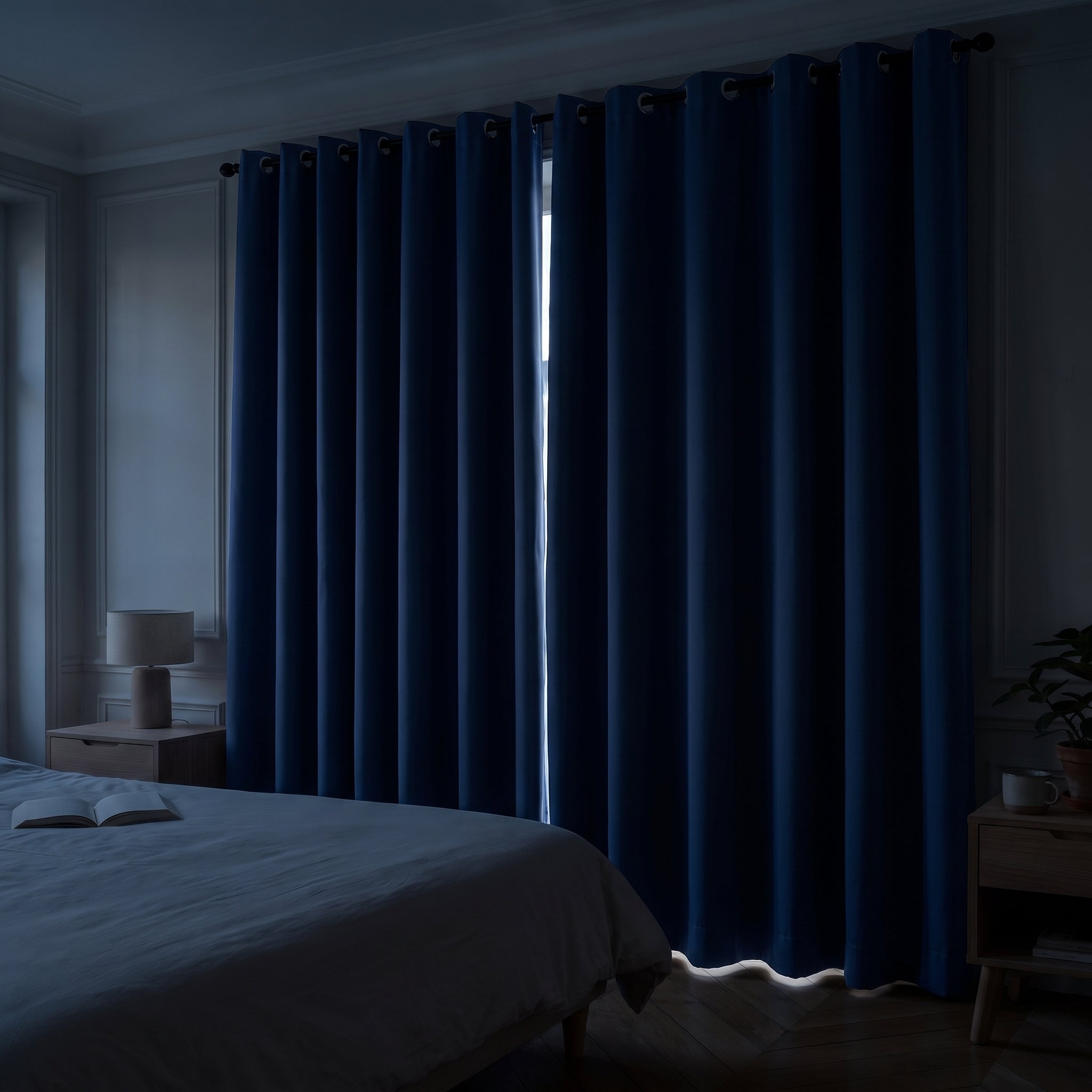Une chambre encore dans le noir au petit matin, rideau occultant tiré Image