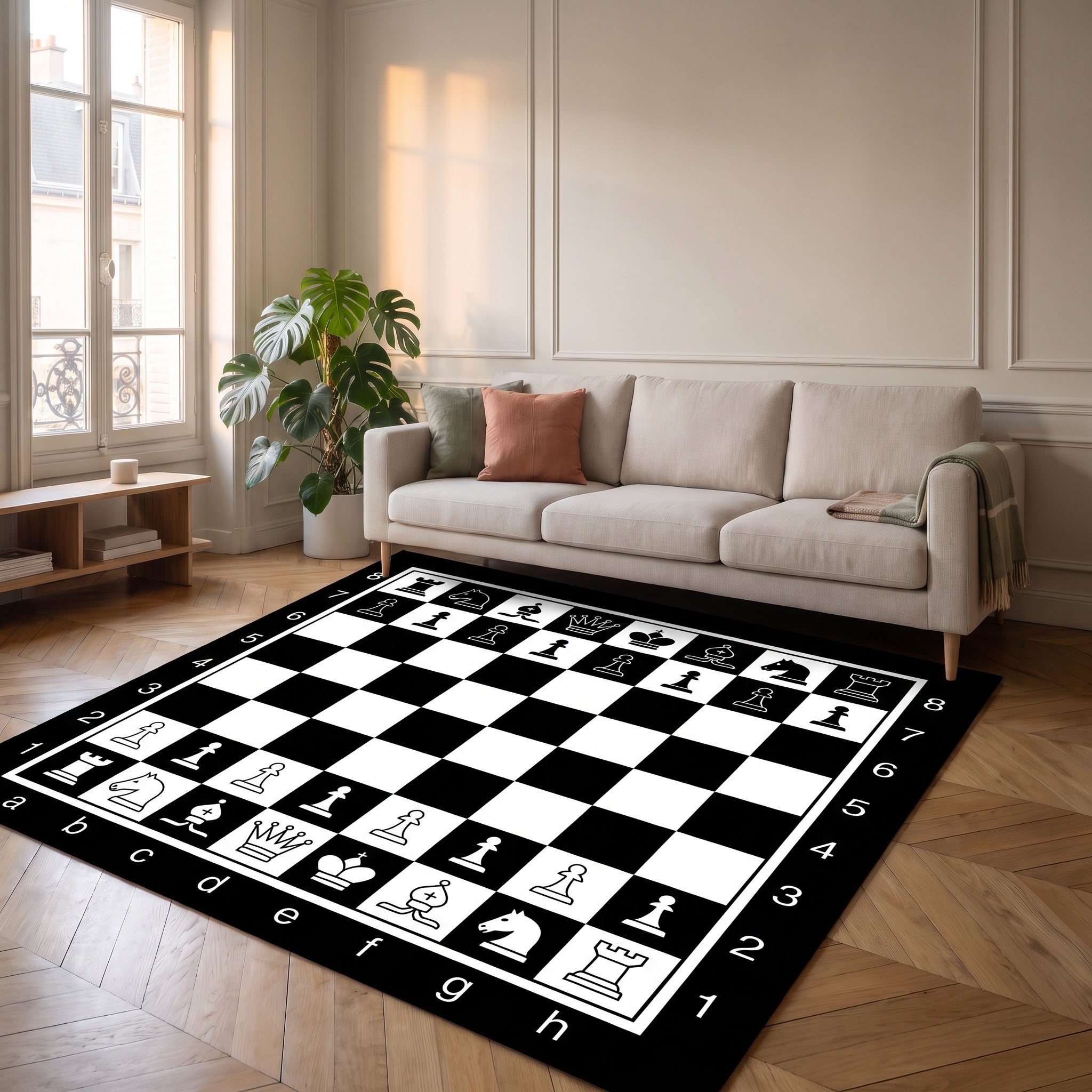 Le damier du tapis jeu d'échecs qui donne son axe à un salon Image