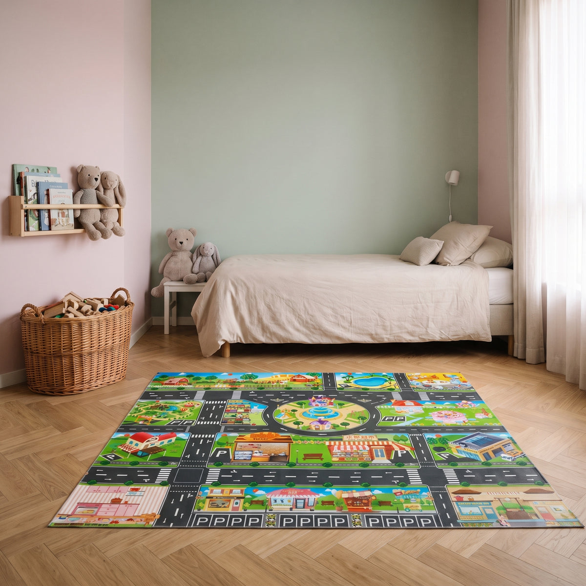 Le tapis de jeu déroulé au pied d'un lit dans une chambre d'enfant Image