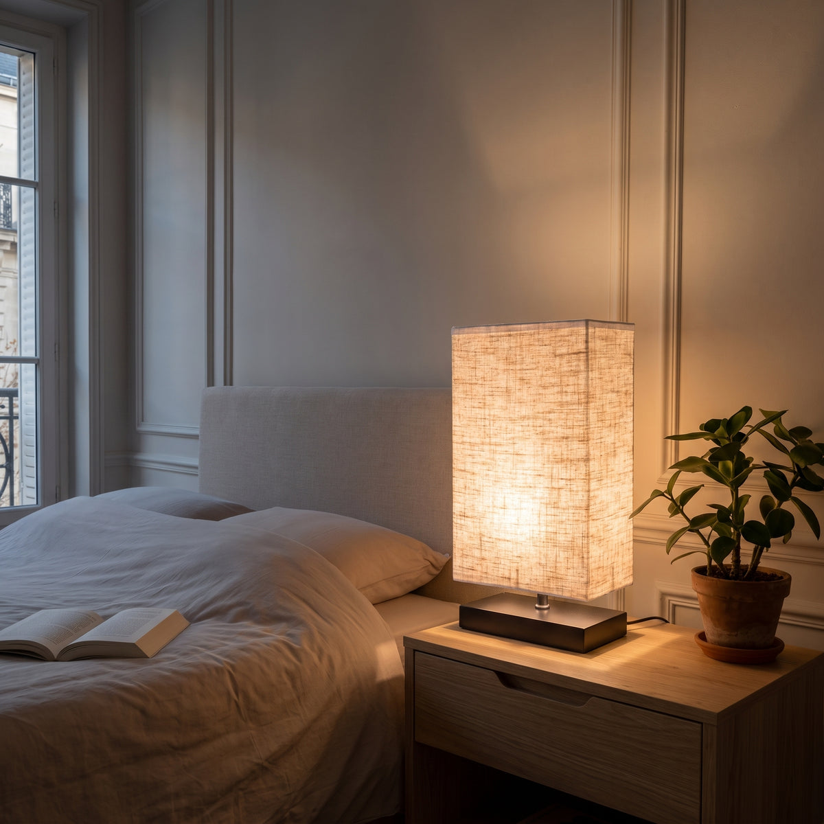 La lampe allumée sur une table de chevet Image