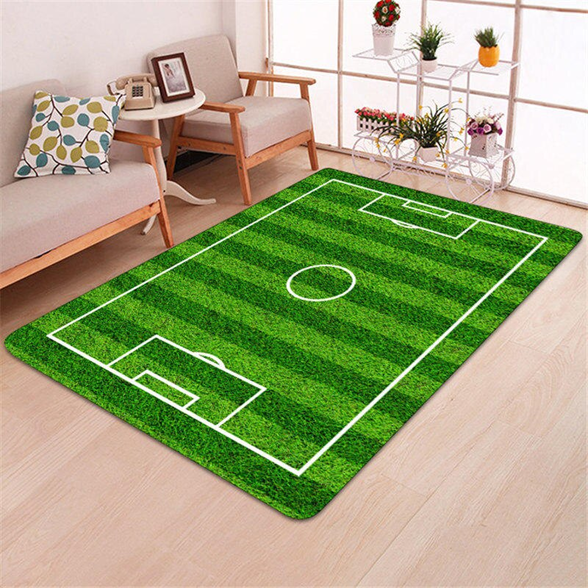 Tapis terrain de football vert vif dans une chambre Image