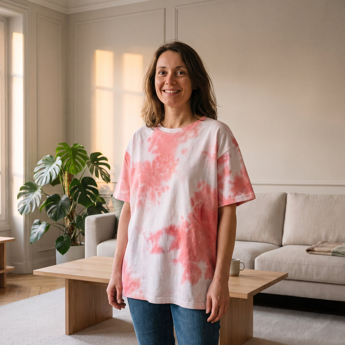 Femme portant le T-shirt ample tie-dye rose et blanc dans le salon