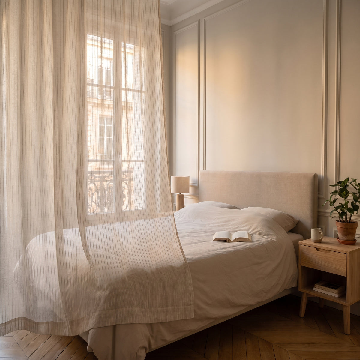 Voilage en coton et lin devant la fenêtre d une chambre Image