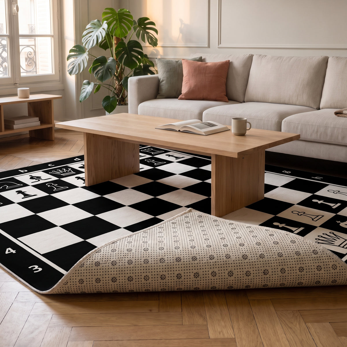 L'envers à points antidérapants du tapis jeu d'échecs Image