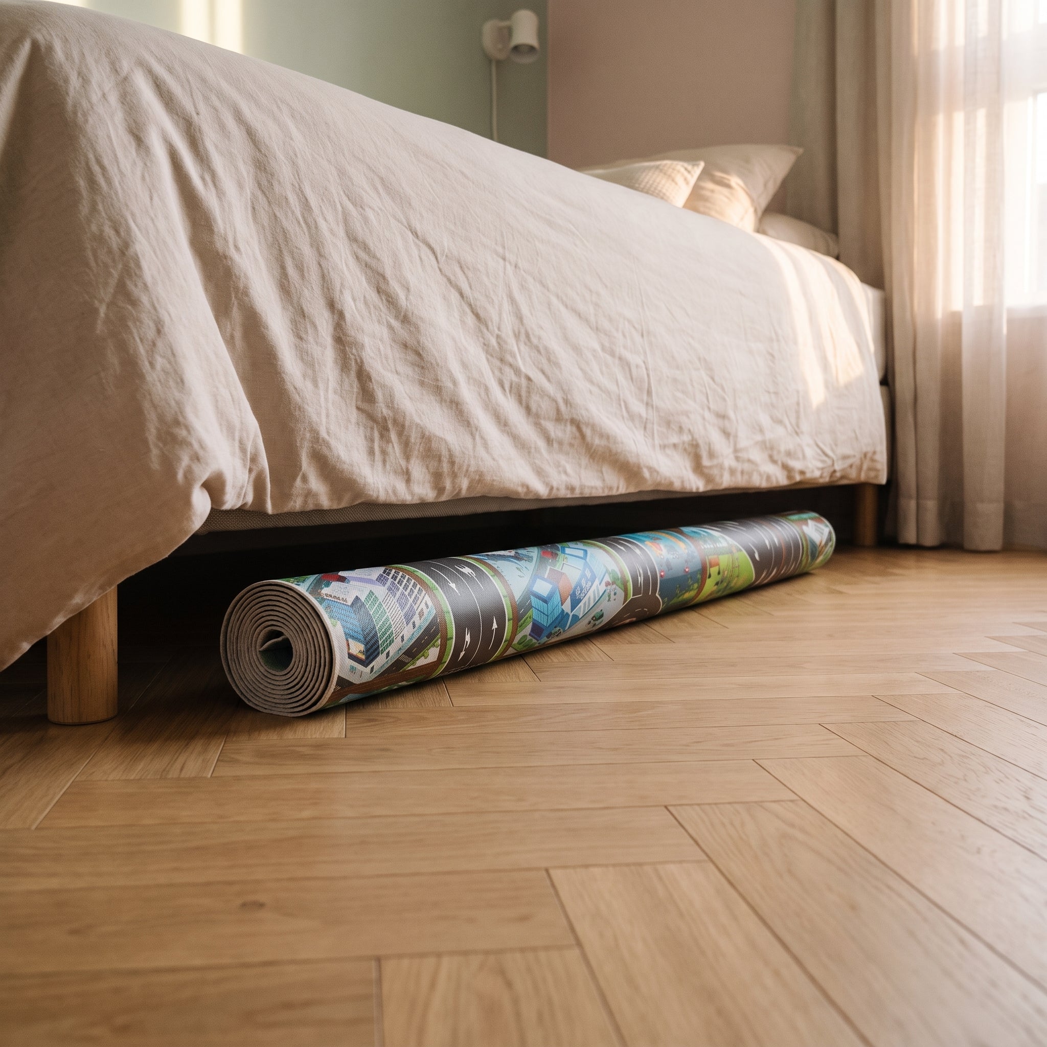 Le tapis de jeu enroulé et glissé sous un lit d'enfant Image