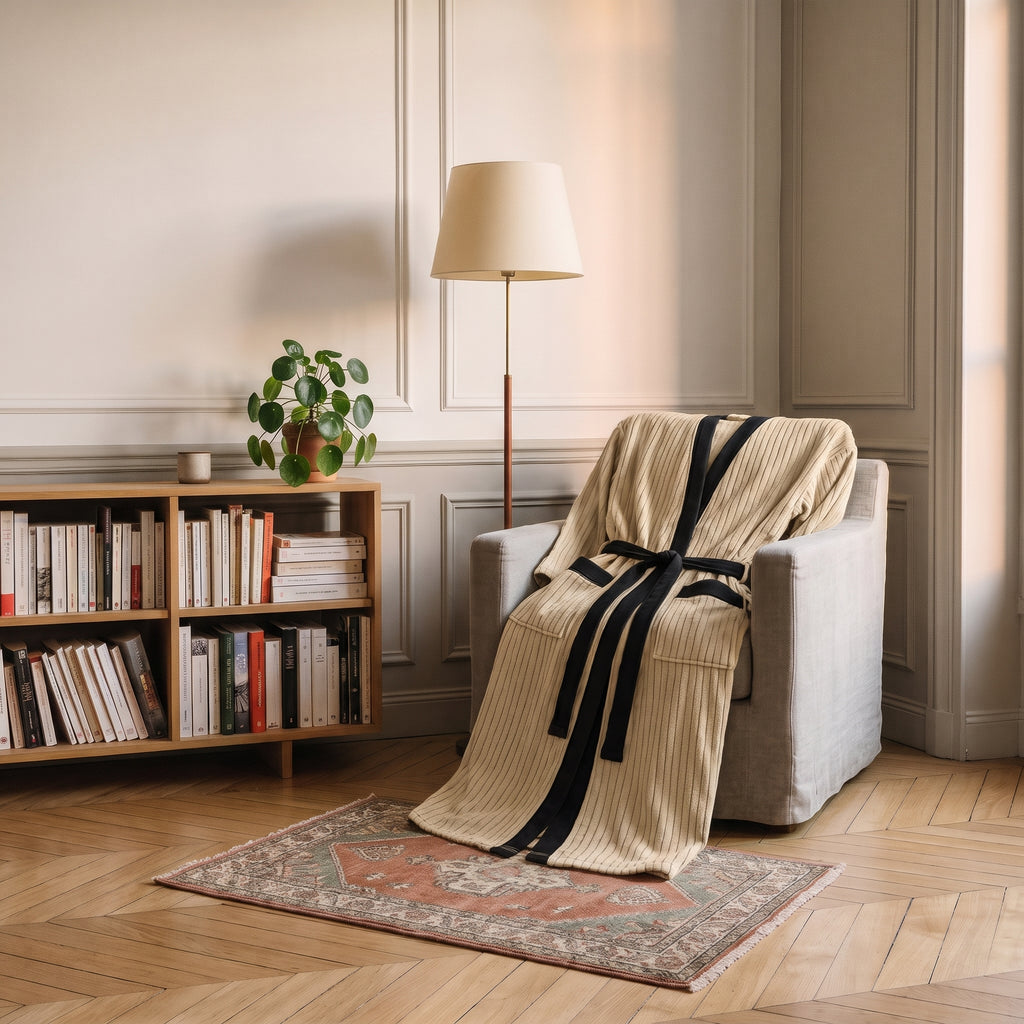 Robe de chambre homme beige à rayures disposée dans un coin lecture