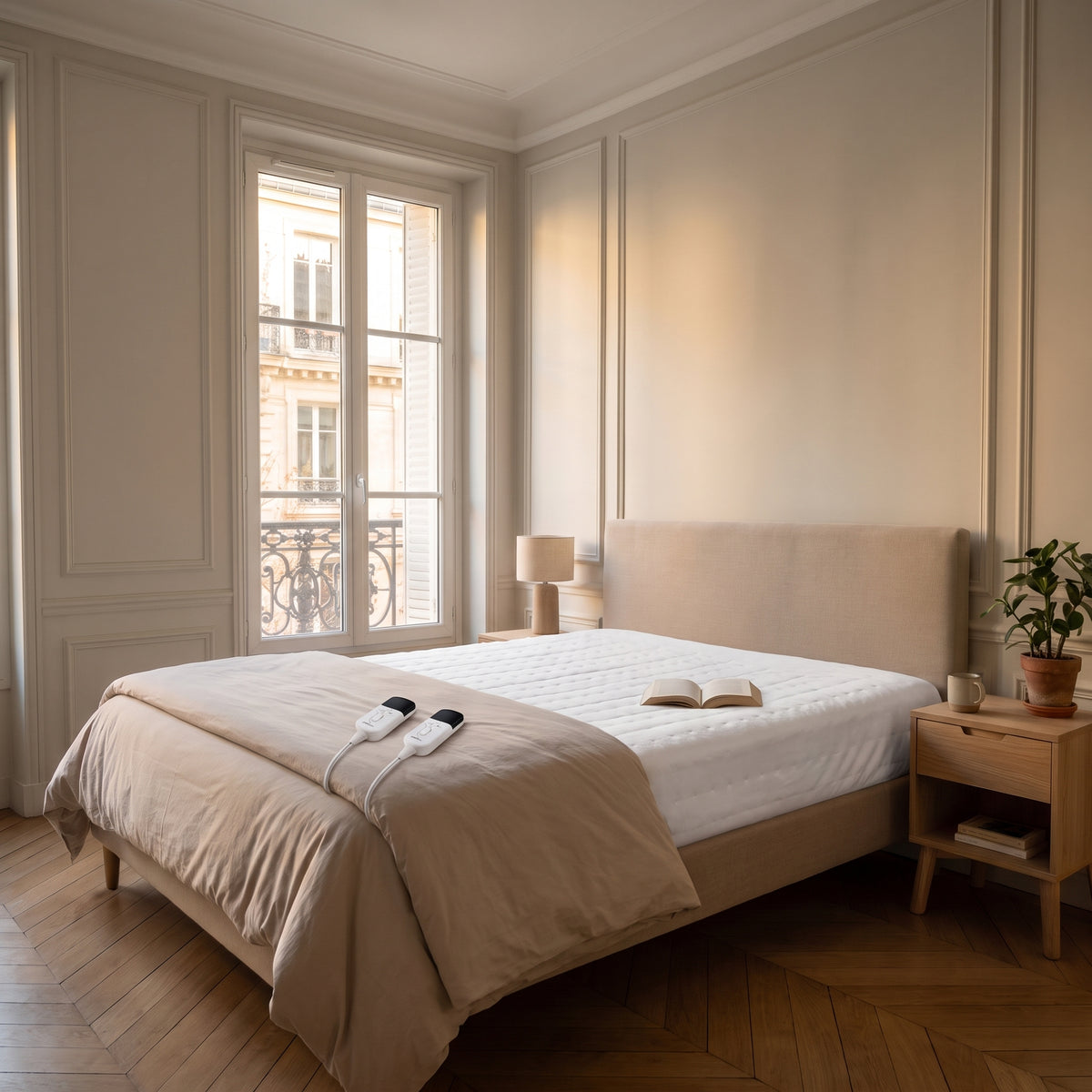 Couverture chauffante blanche étendue sur le lit dans une chambre Image