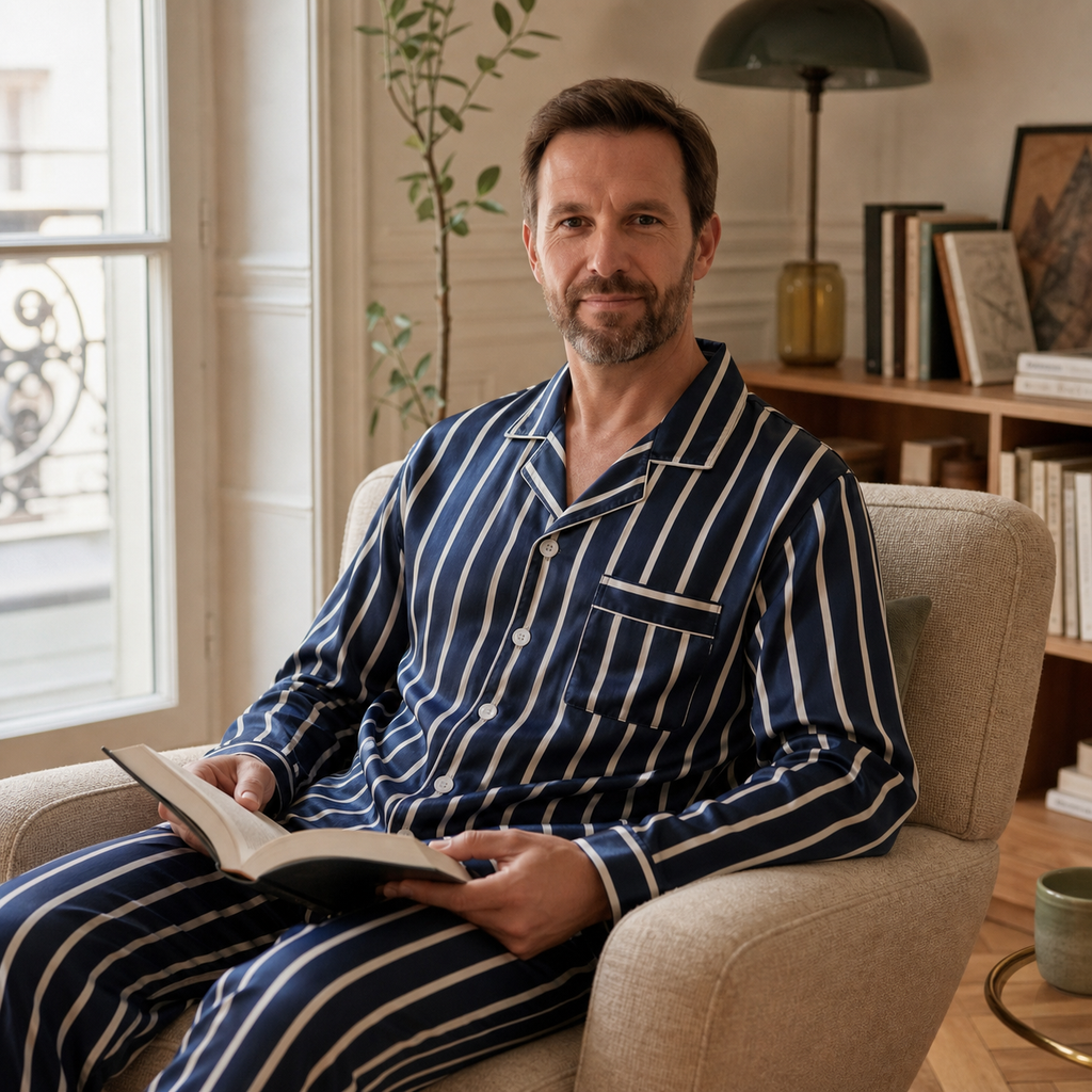 Homme lisant dans un fauteuil en pyjama en satin rayé bleu