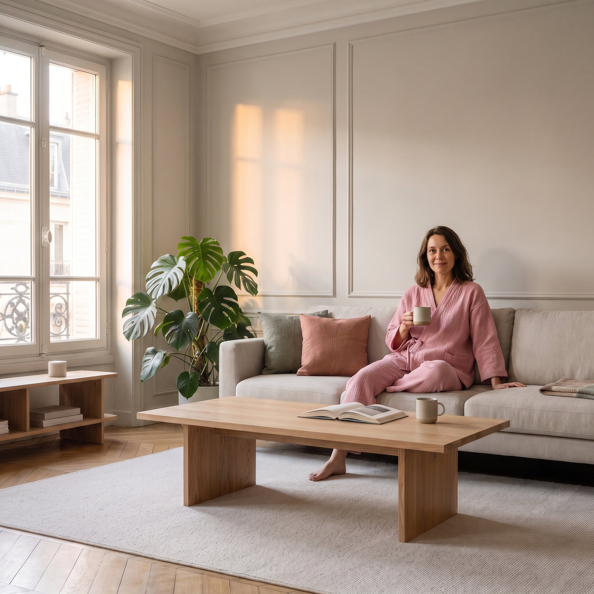 Pyjama kimono gaze de coton - le matin sans se presser Image