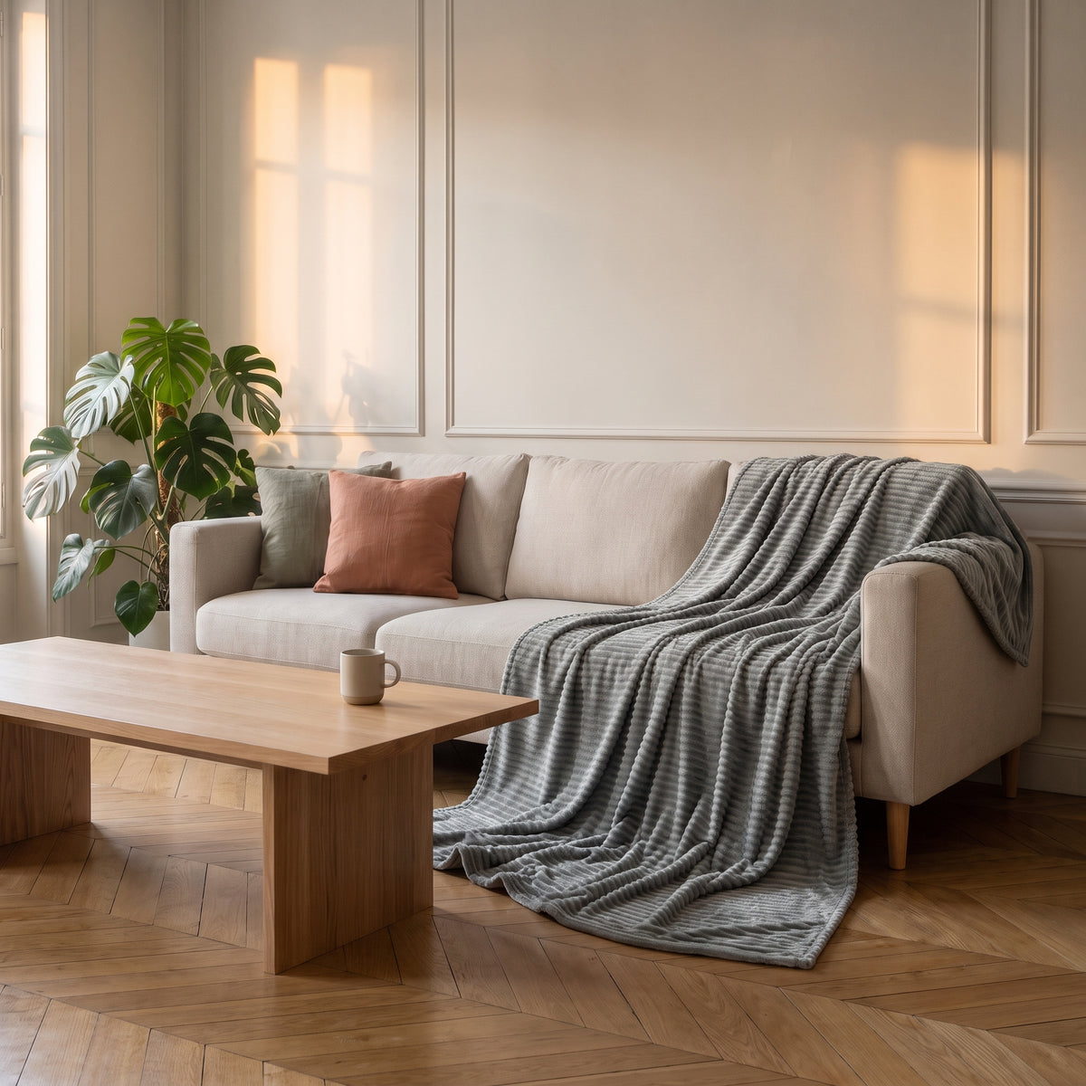 Plaid chauffant gris côtelé dans un salon lumineux Image