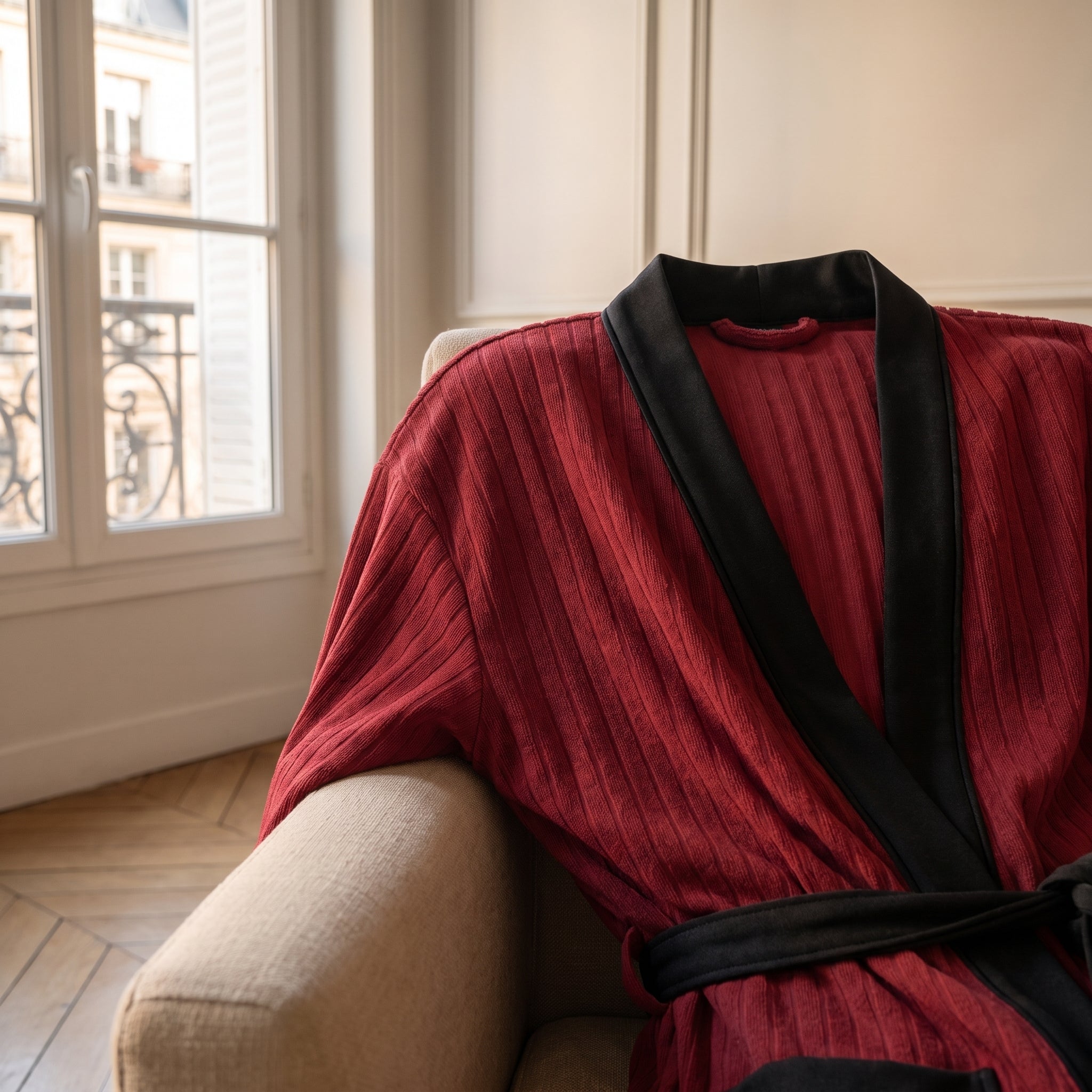 Détail du col contrasté de la robe de chambre homme bordeaux Image