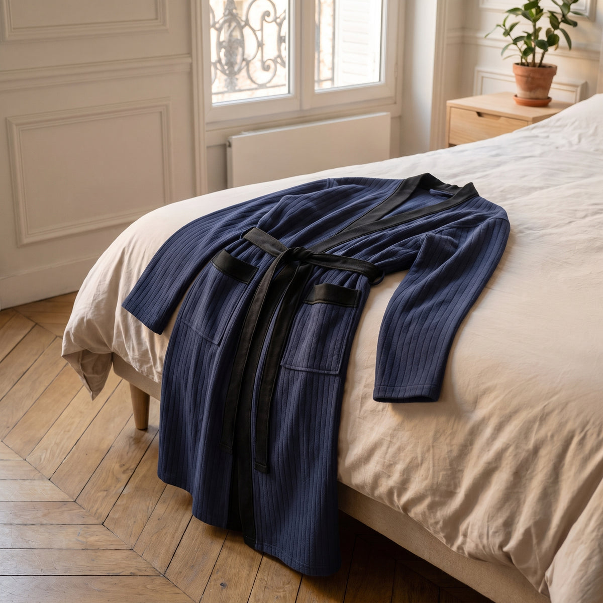 Détail des rayures verticales de la robe de chambre homme bleu marine Image