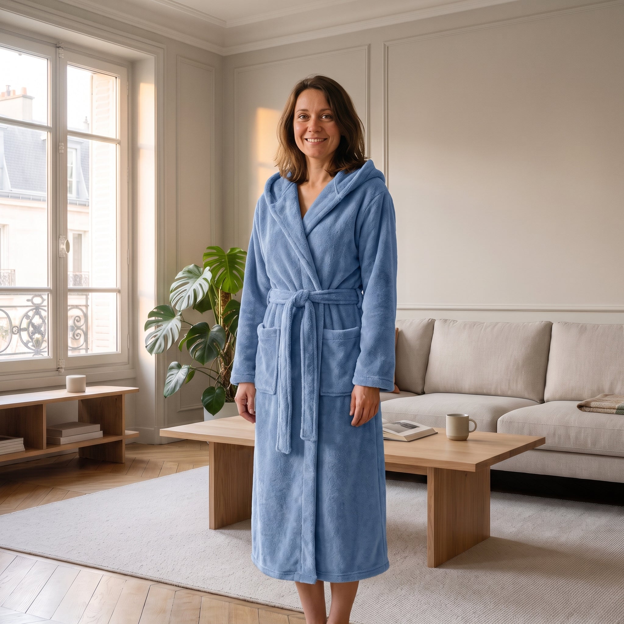 Femme du casting portant la robe de chambre longue Bleu ciel à capuche dans le salon Image