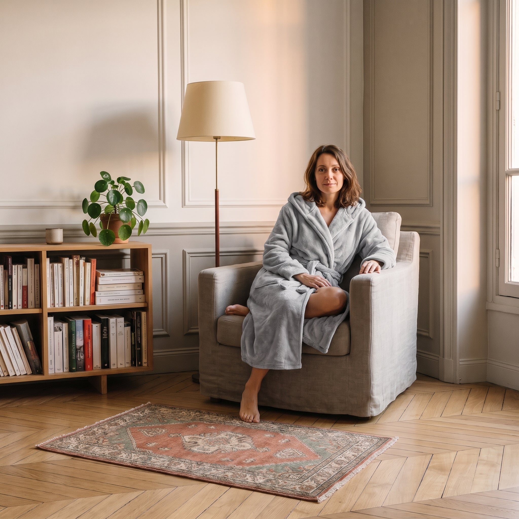 Femme du casting en robe de chambre longue Grise assise dans le coin lecture Image
