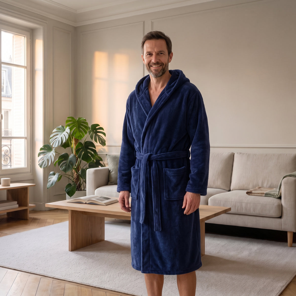 Homme du casting portant la robe de chambre Bleu marine à capuche dans le salon Image