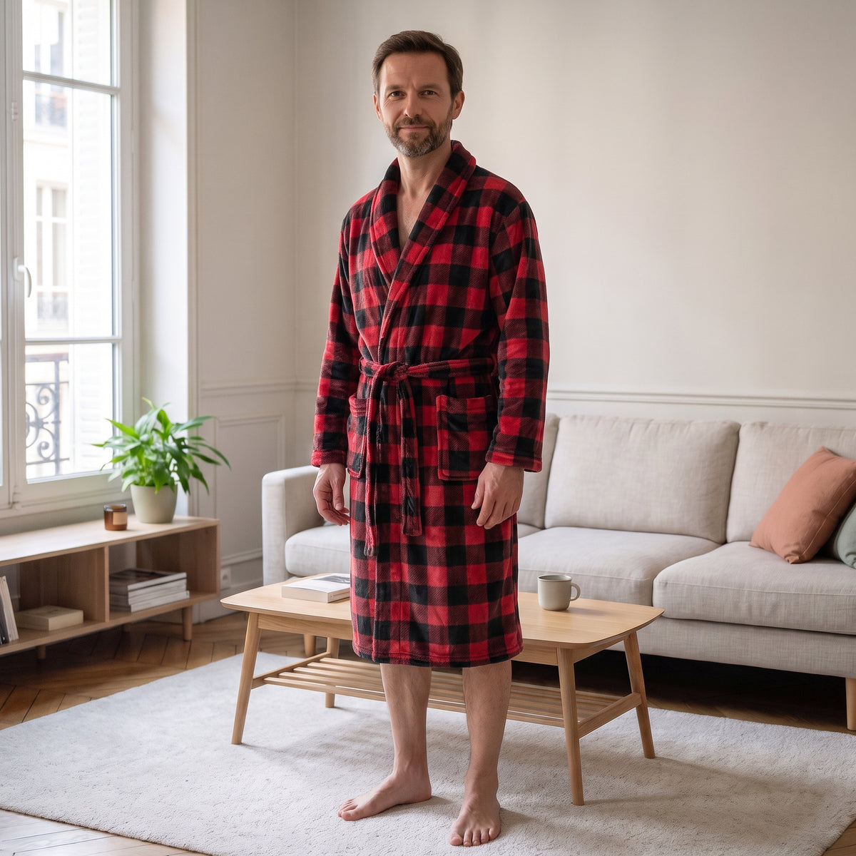 Homme du casting portant la robe de chambre rouge et noire dans le salon Image