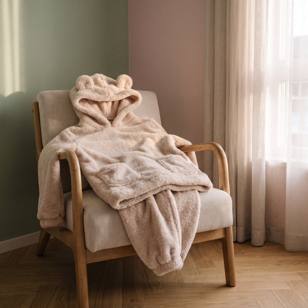 Ensemble pyjama bébé beige posé sur un fauteuil, poches et capuche visibles