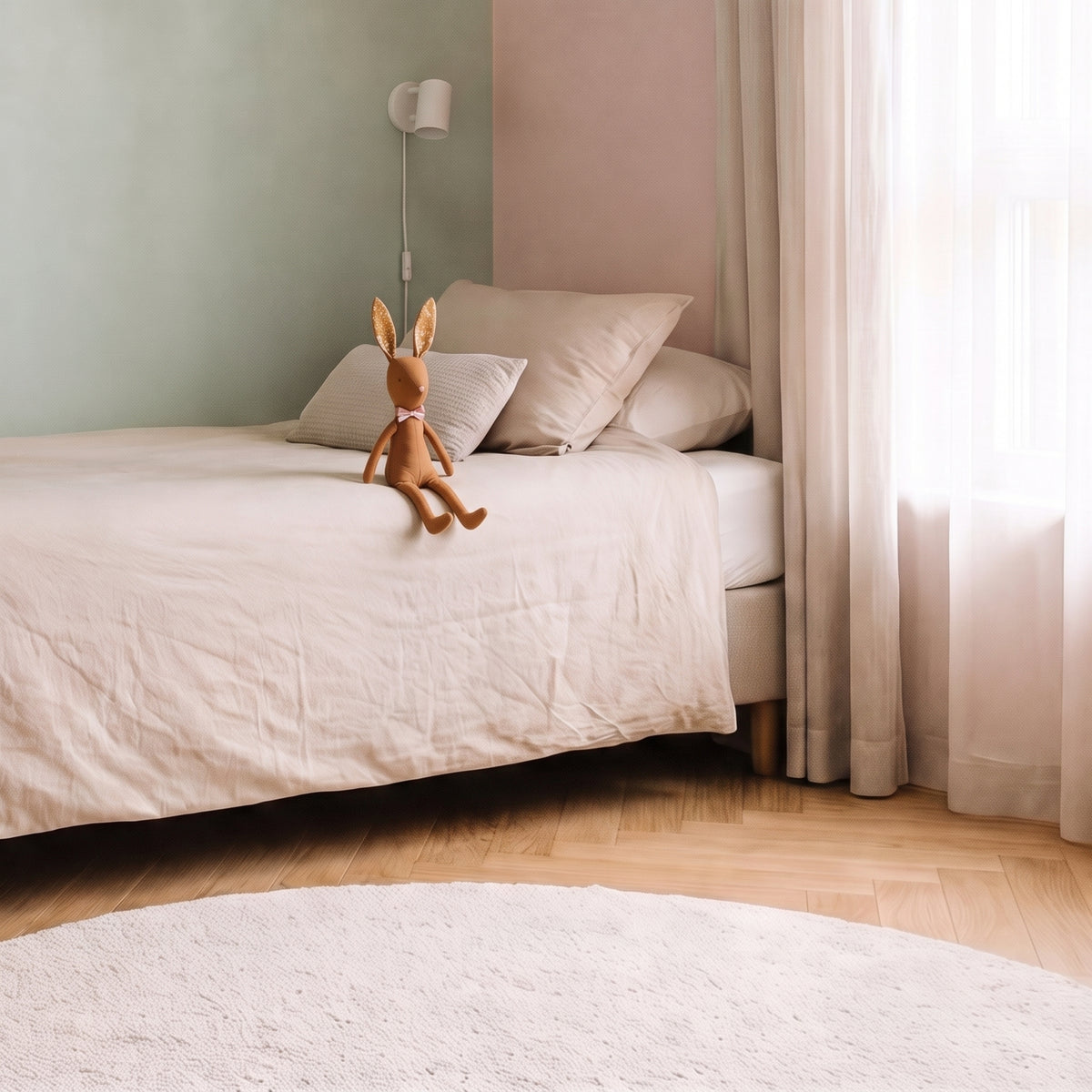 Doudou lapin assis au bord du lit, échelle réelle Image