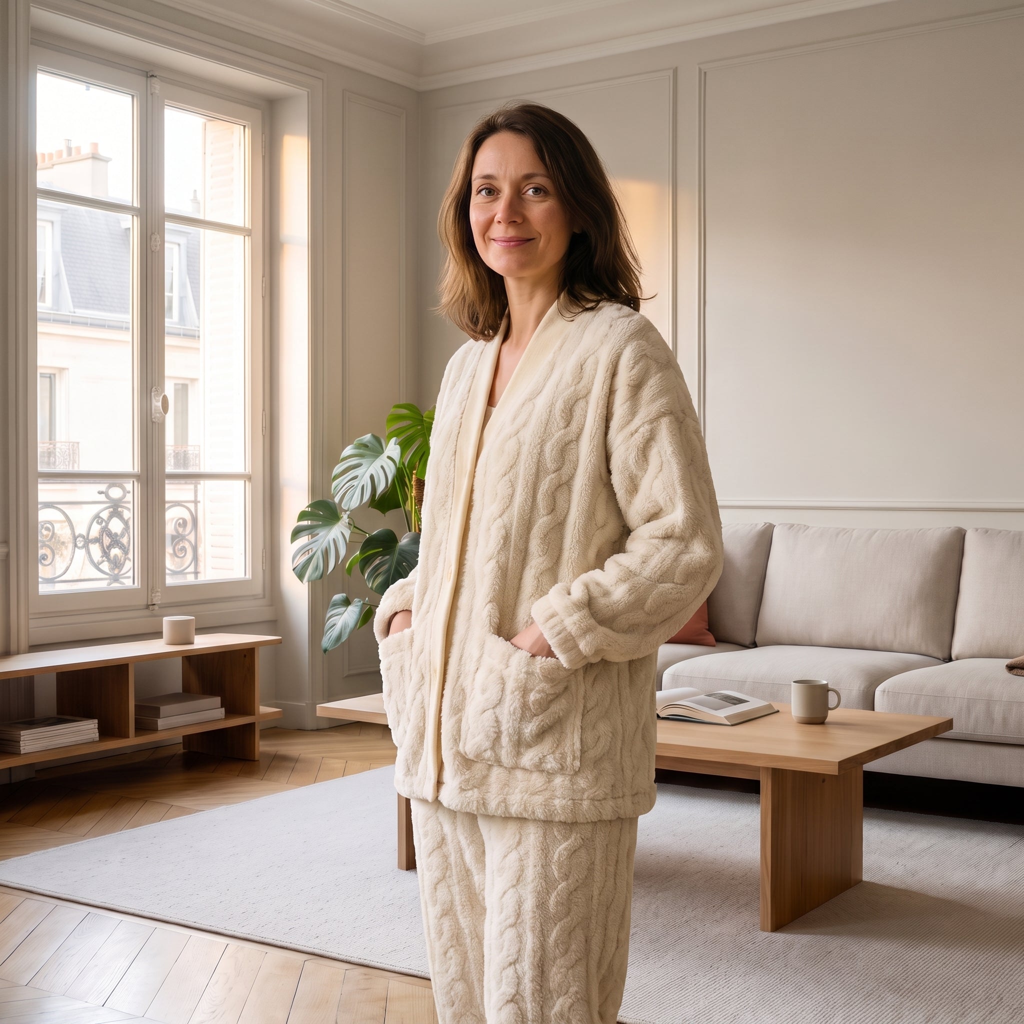 Femme portant l’ensemble cocooning beige près de la fenêtre d’un salon lumineux Image