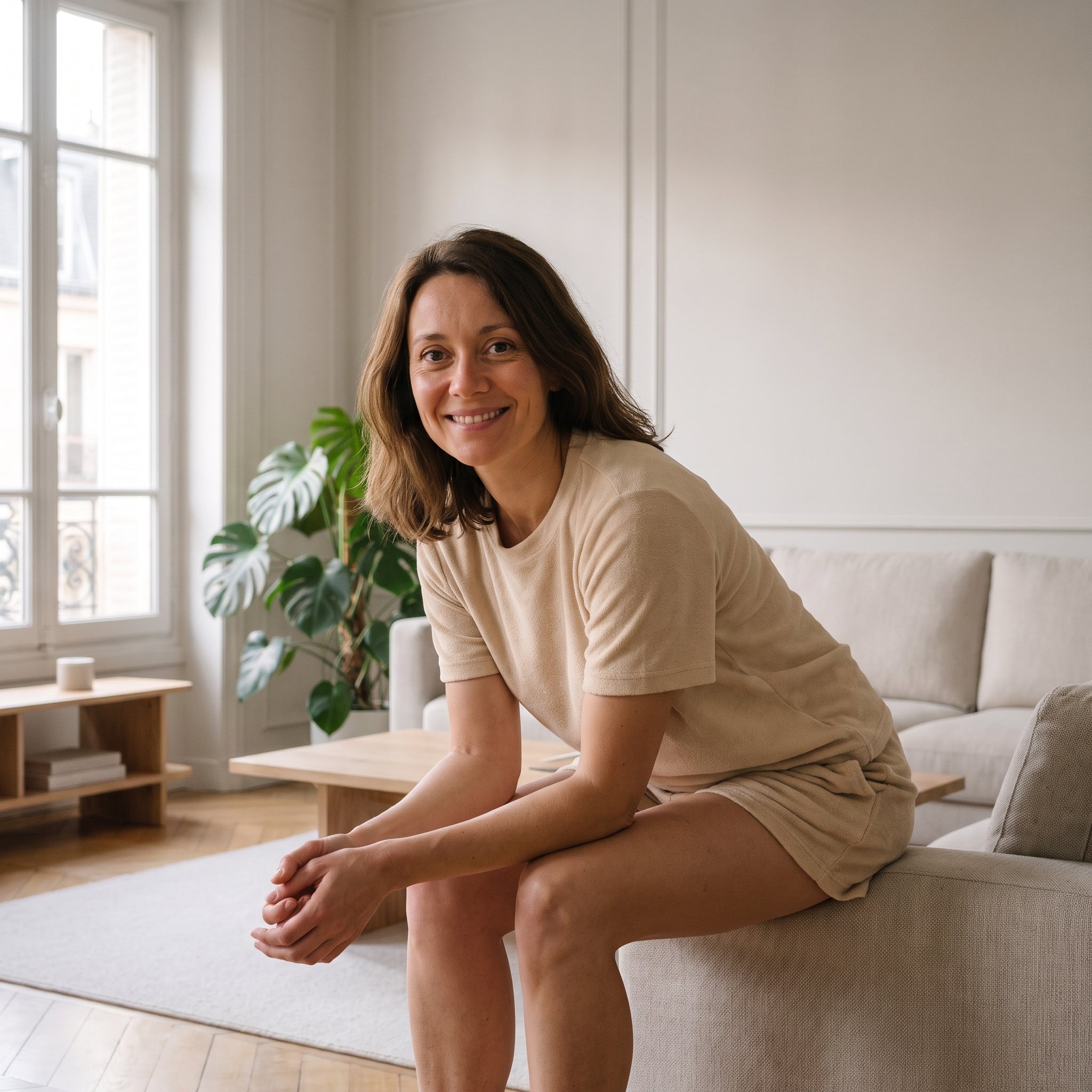 Femme en ensemble en éponge beige assise sur le canapé de son salon Image