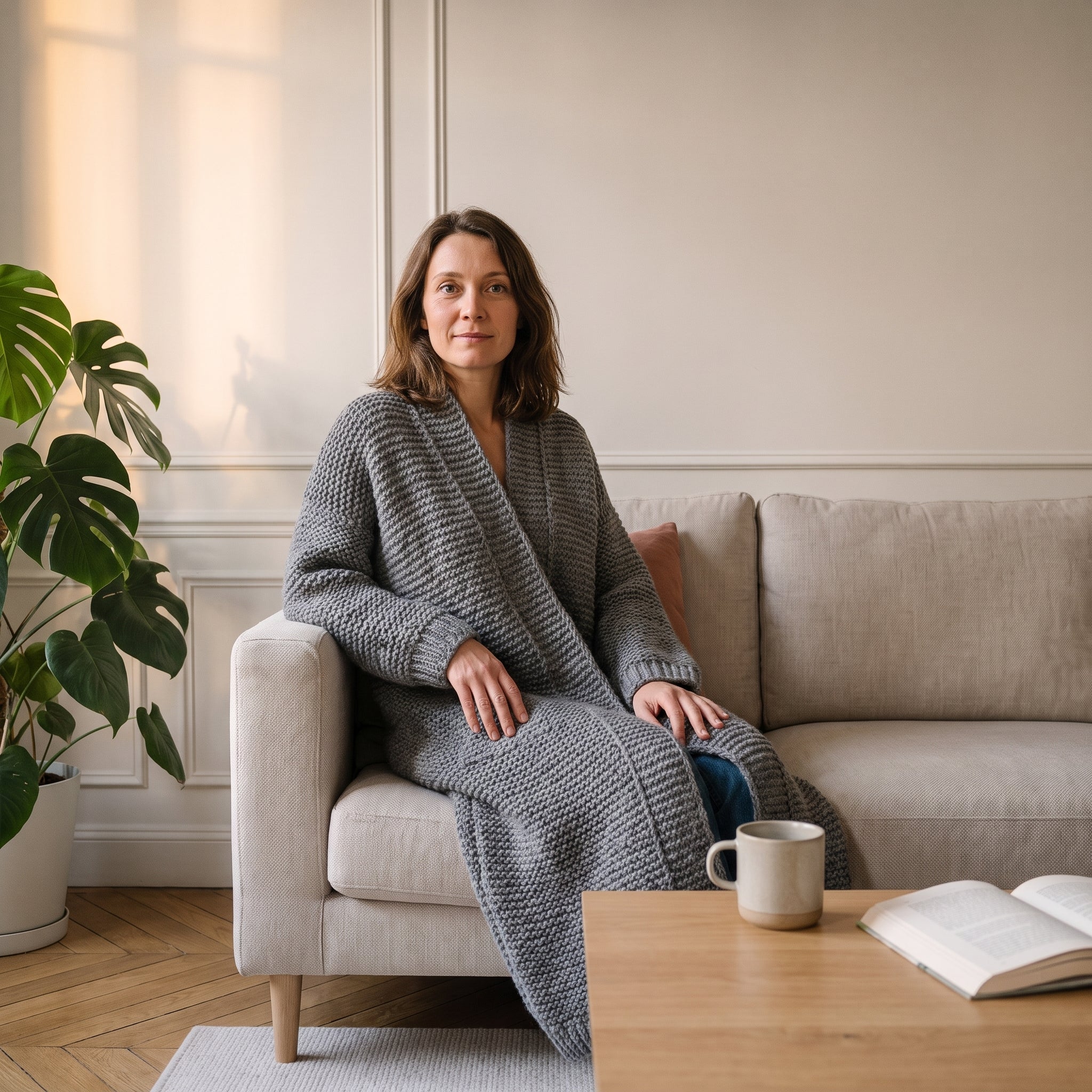Cardigan long femme gris porté, assise sur le canapé Image