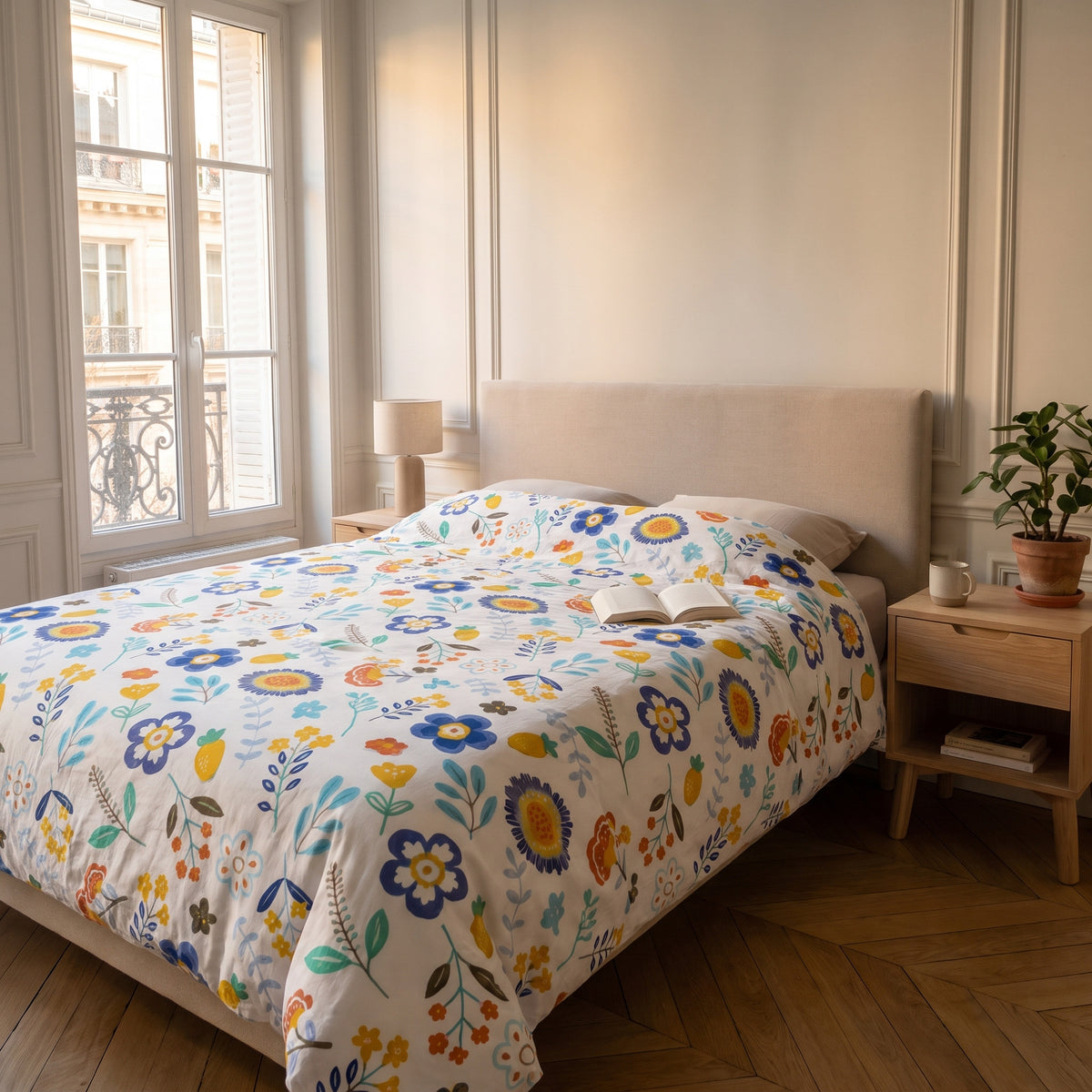 Chambre éclairée par la housse de couette fleurie posée sur le lit Image