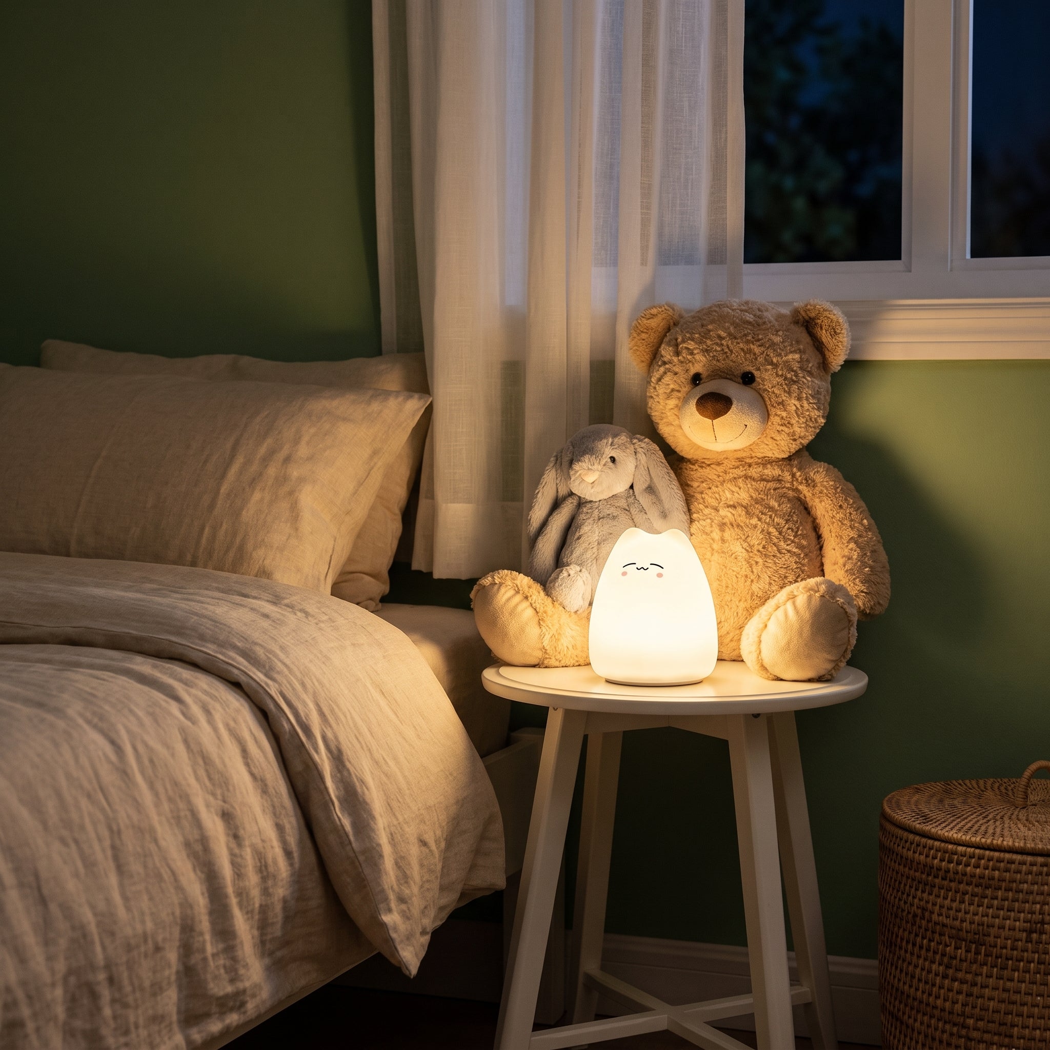 Veilleuse chat allumée seule dans la chambre du soir, son halo chaud atteint le lit et le mur Image