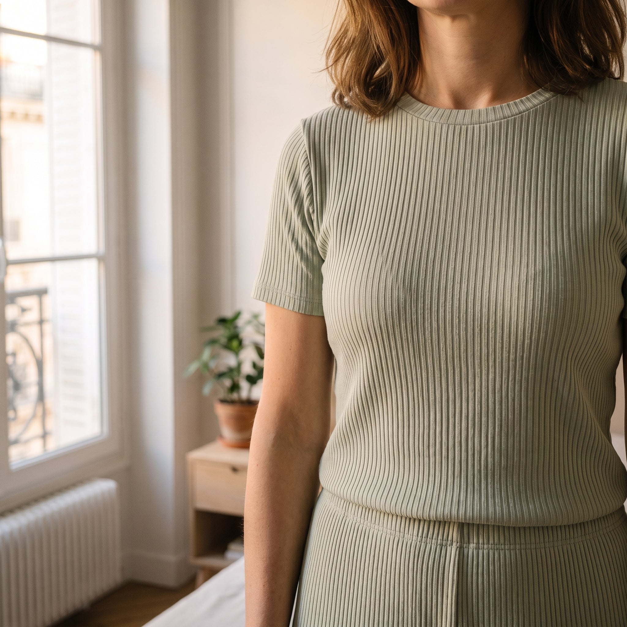 Détail de la maille côtelée du pyjama, coloris vert sauge Image