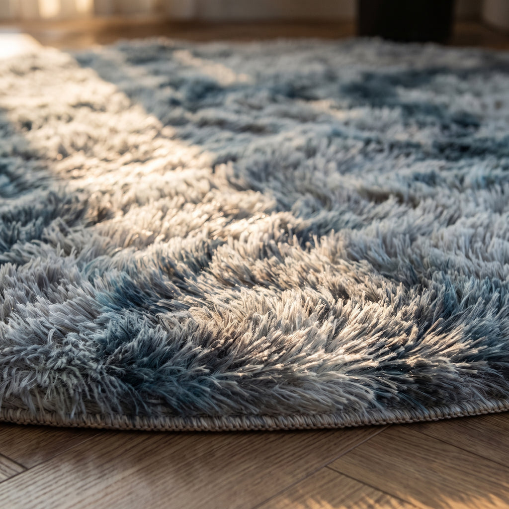 Détail des fibres longues du tapis rond en lumière rasante, le bord ourlé sur le parquet