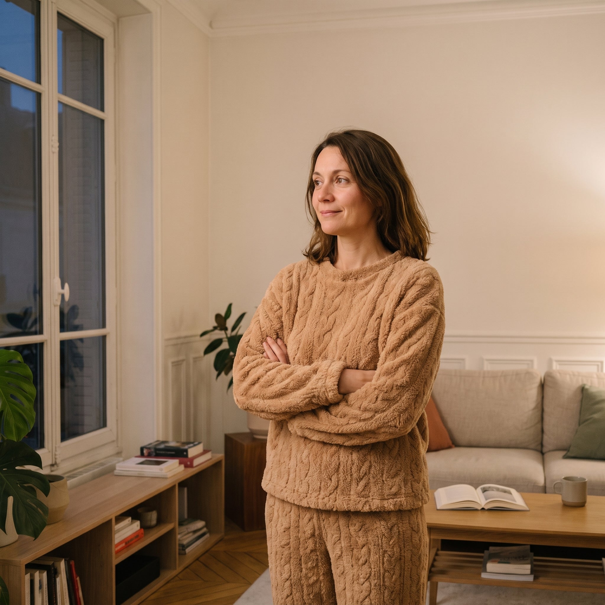 Femme en pyjama de velours polaire champagne, debout a la fenetre du salon a la tombee du jour Image