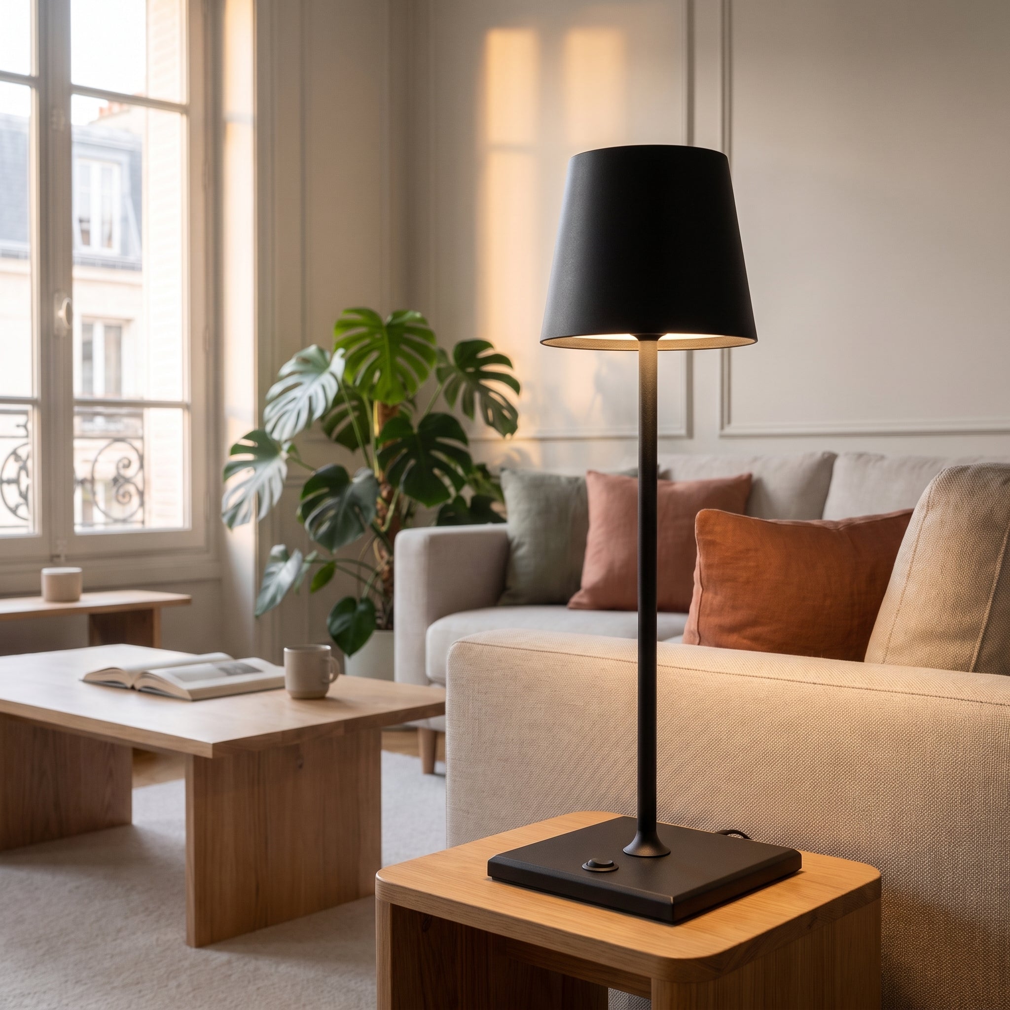 Lampe de table sans fil noire posée sur une table d'appoint près du canapé Image