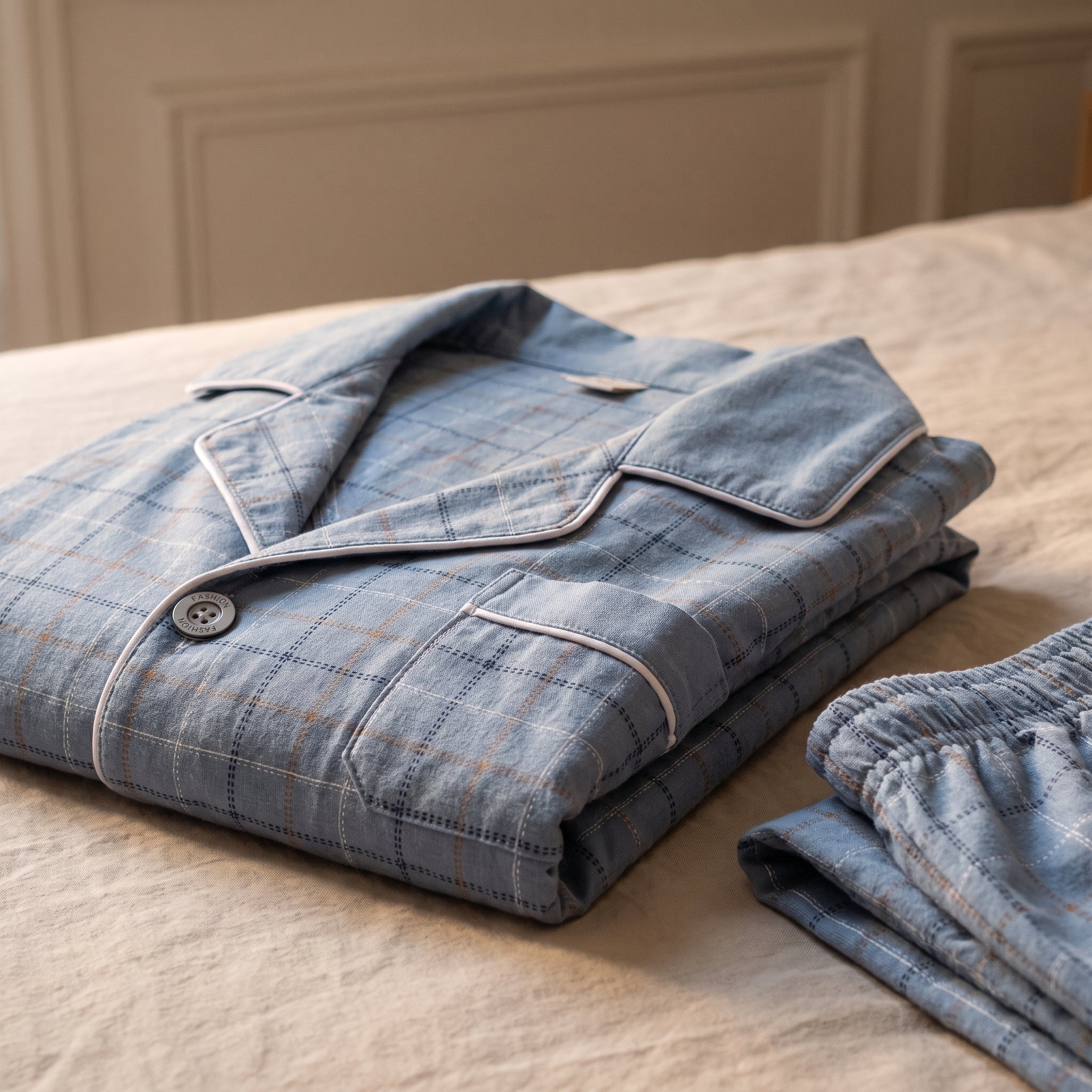 Pyjama à carreaux en coton bleu clair plié, le grain du tissage en lumière rasante Image
