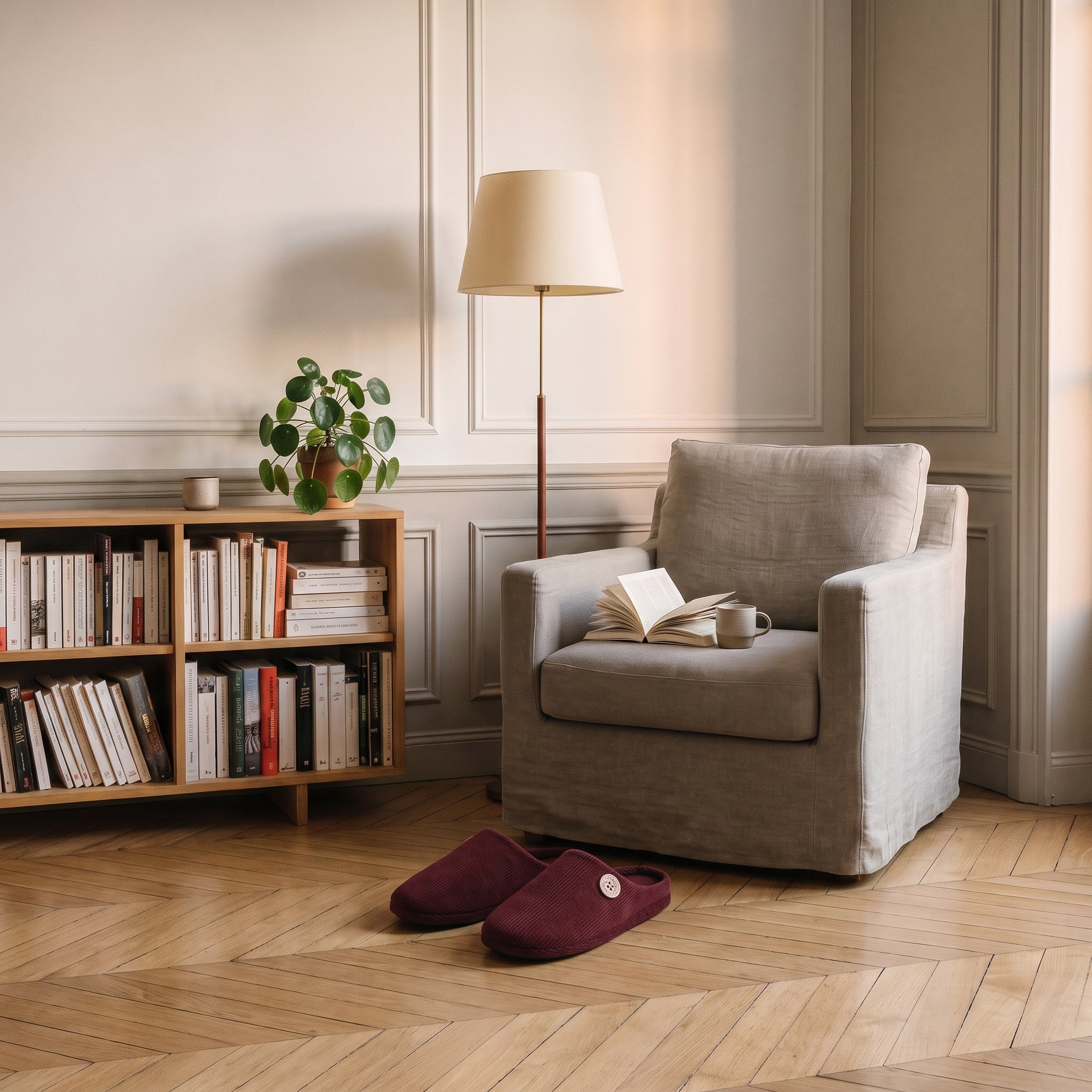 Paire de chaussons homme bordeaux au pied du fauteuil, au retour du soir Image