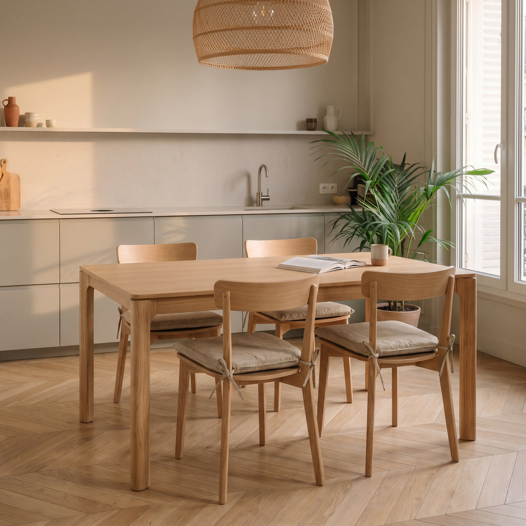Coussins de chaise beige autour d’une table en bois clair