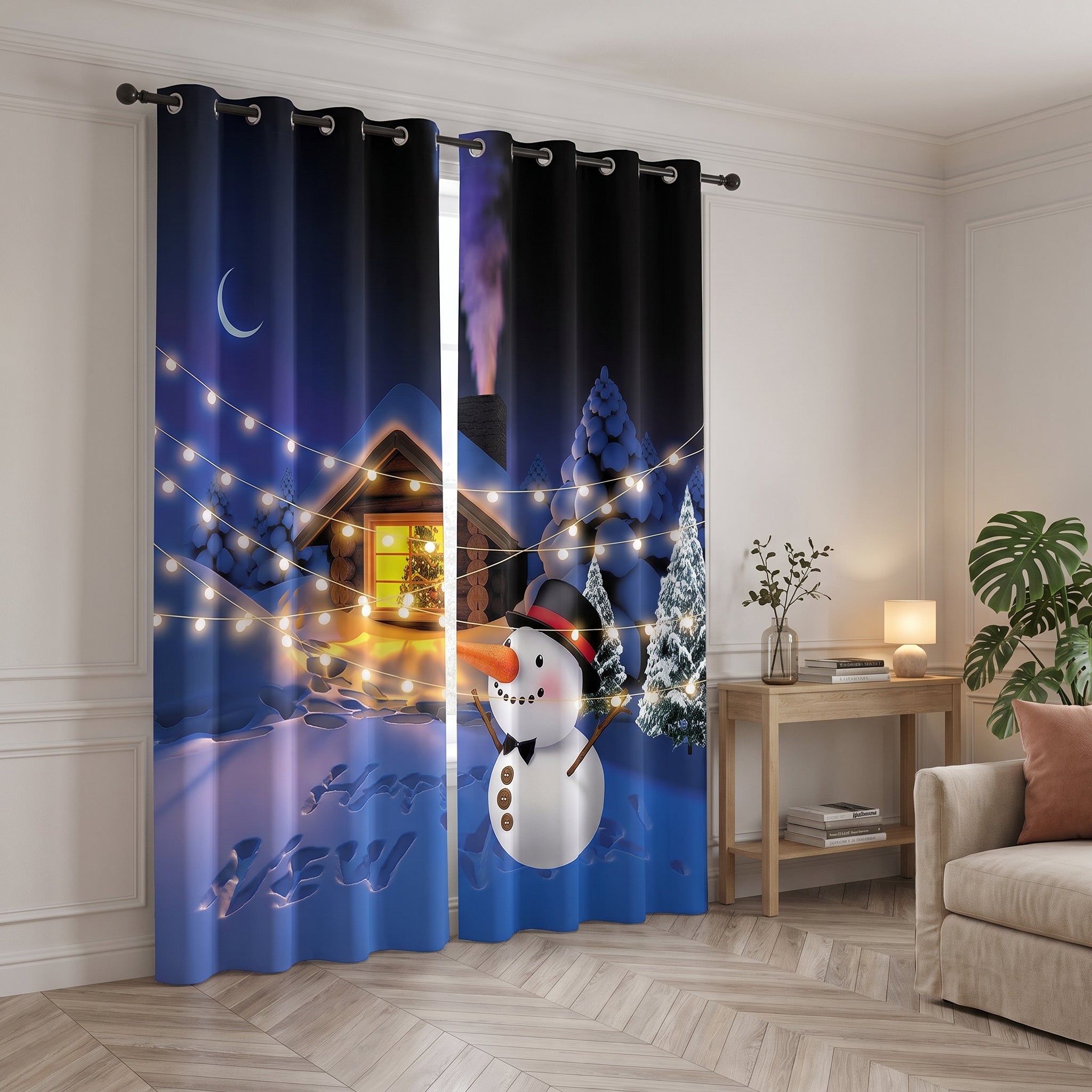 Rideau de Noël imprimé, deux pans fermés devant la fenêtre d un salon Image