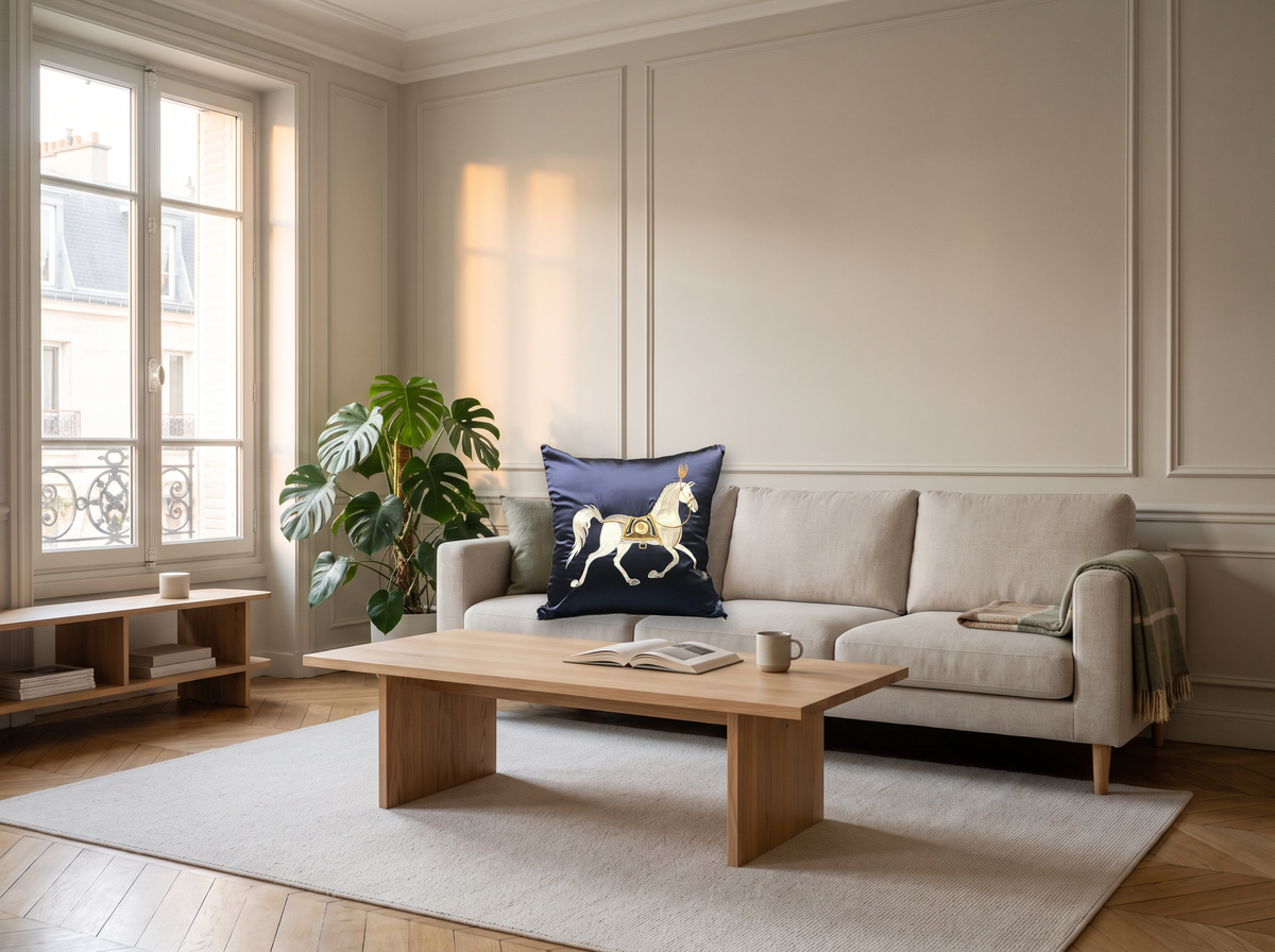 Coussin bleu au cheval blanc sur un canapé clair Image
