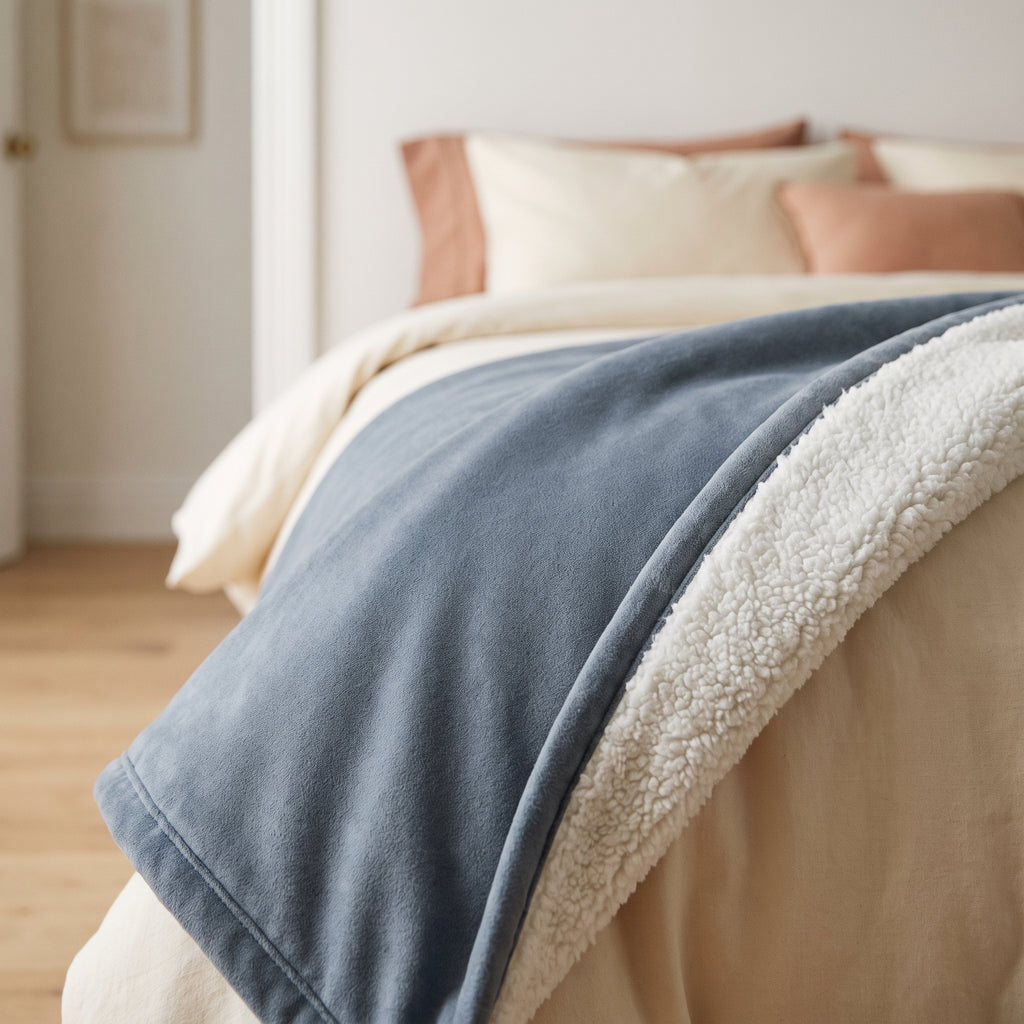 Angle de la couverture rabattu : la face flanelle gris bleu et le revers sherpa blanc