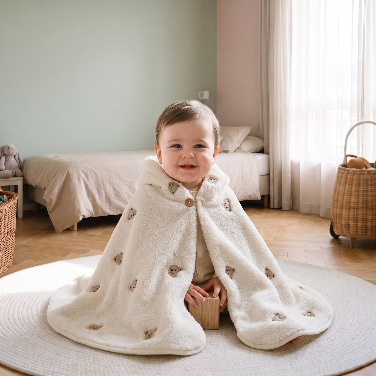 Bebe assis dans sa chambre, la cape creme posee sur ses epaules et fermee au cou par le bouton de bois, capuche rabattue derriere la nuque Image