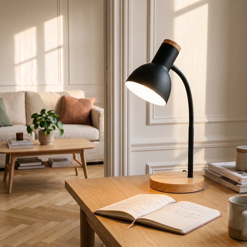 Lampe de bureau noire allumée sur la table basse du salon