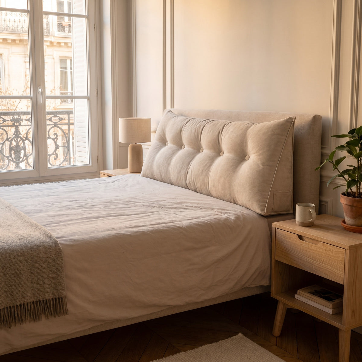 Coussin de chevet triangulaire beige simplement posé devant une tête de lit en tissu clair, vu de trois quarts, le mur nu au-dessus Image