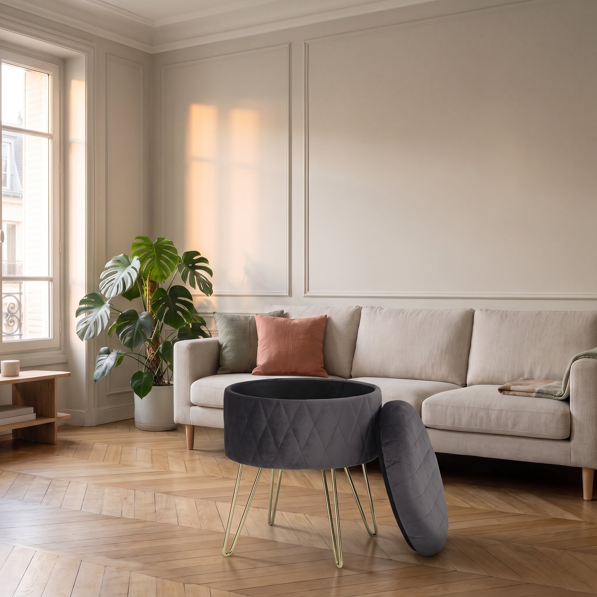 Coffre de rangement ouvert sous l'assise du pouf Image